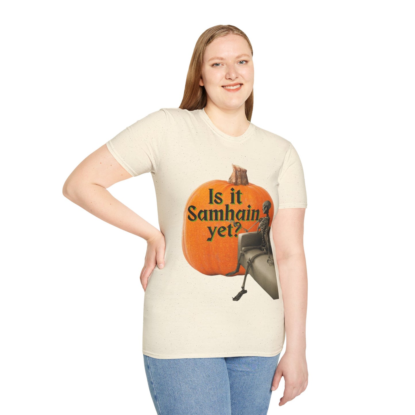 Is It Samhain Yet? Skeleton's Giant Pumpkin Light colors Unisex T-Shirt by CreepyCrafts.boo