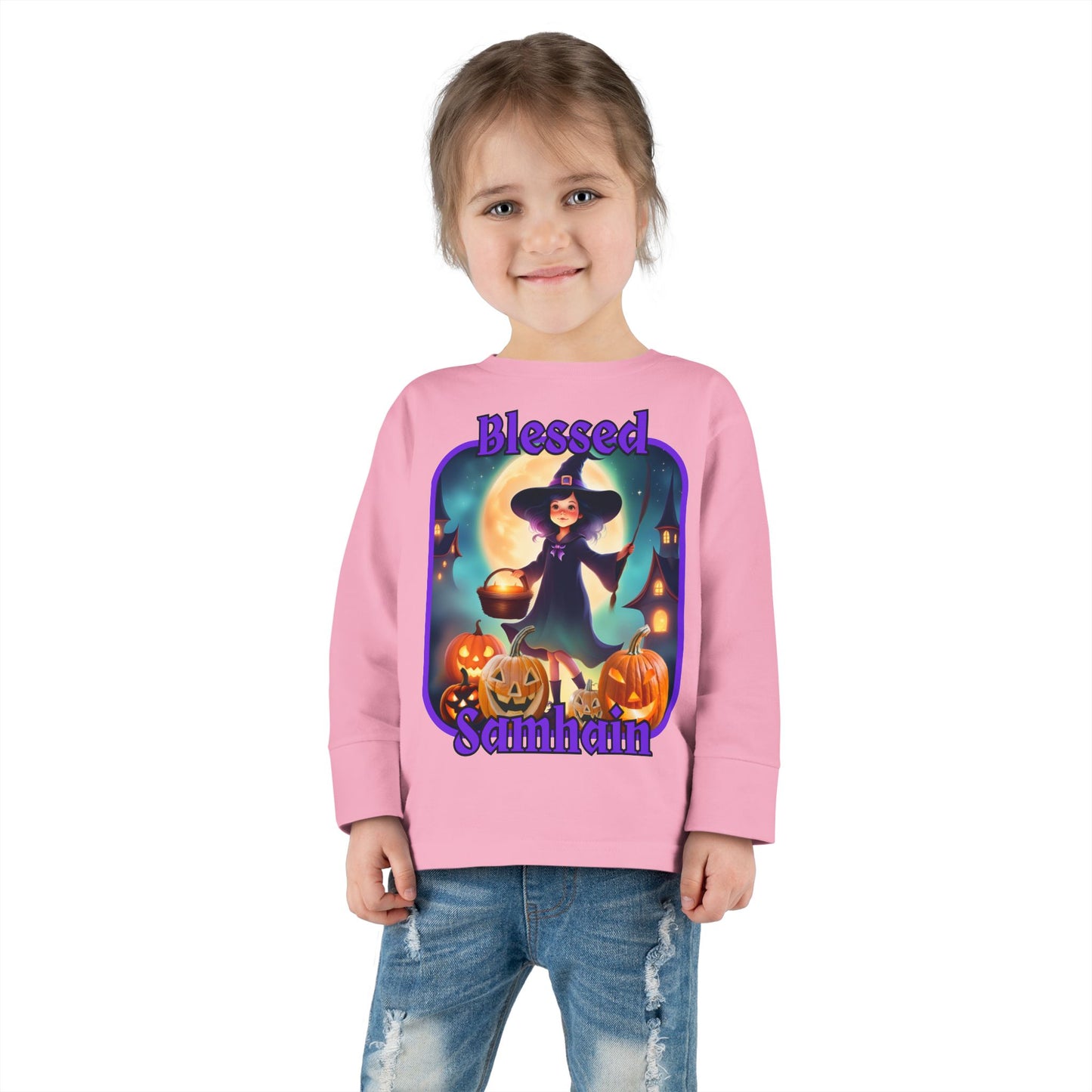 Blessed Samhain Little Witch Purple font Toddler Long Sleeve Tee by CreepyCrafts.boo