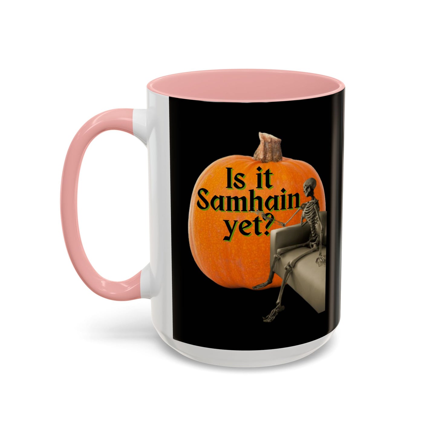 Is It Samhain Yet? Skeleton's Giant Pumpkin Black Accent Mug by CreepyCrafts.boo