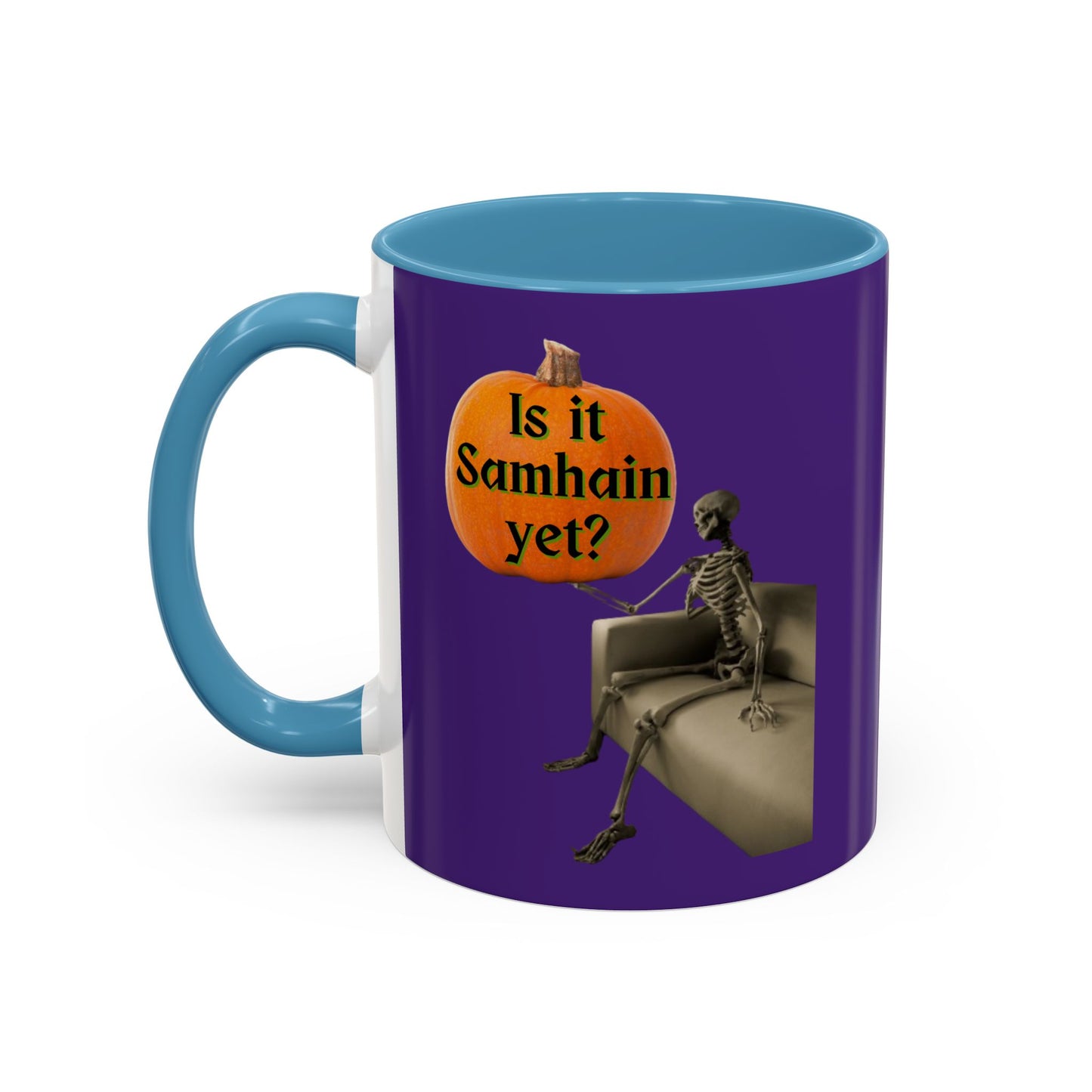 Is it Samhain yet? Skeleton's Pumpkin Purple Accent Mug by CreepyCrafts.boo