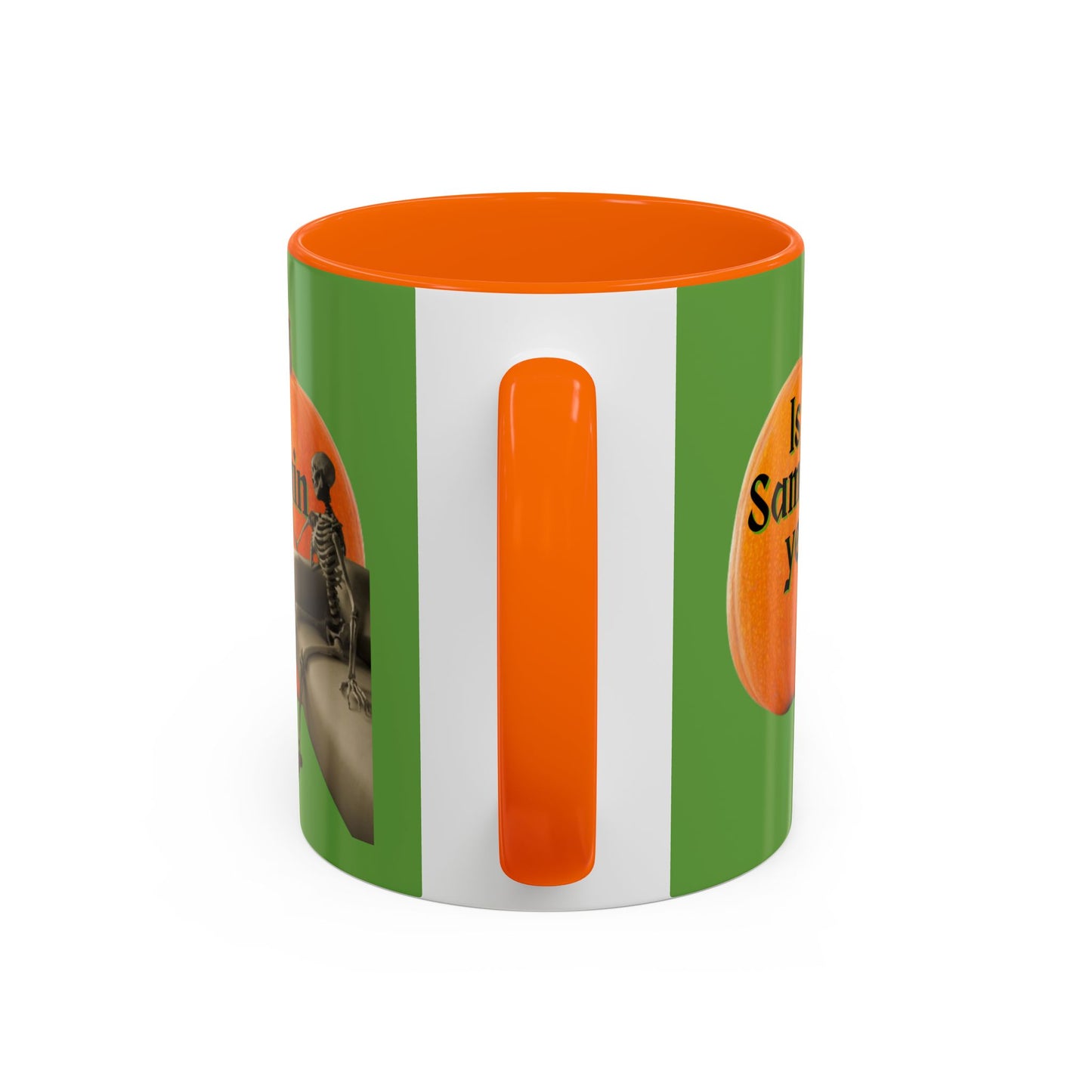 Is It Samhain Yet? Skeleton's Giant Pumpkin Green Accent Mug by CreepyCrafts.boo