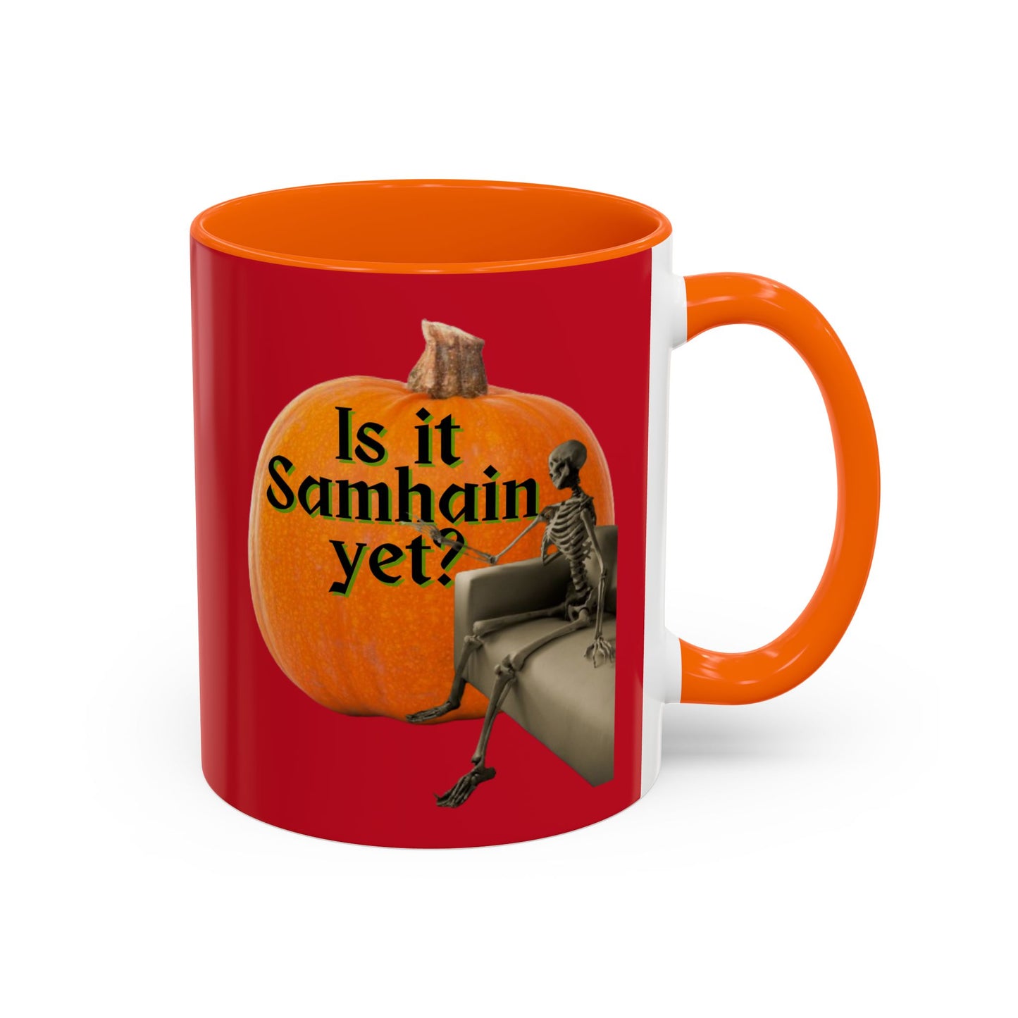Is It Samhain Yet? Skeleton's Giant Pumpkin Red Accent Mug by CreepyCrafts.boo