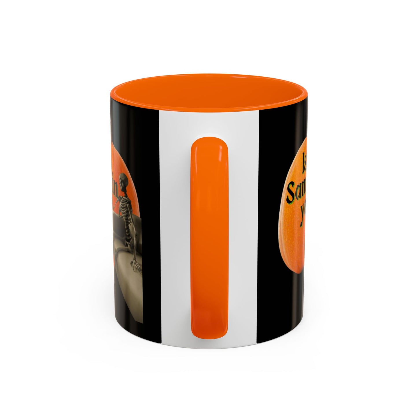 Is It Samhain Yet? Skeleton's Giant Pumpkin Black Accent Mug by CreepyCrafts.boo