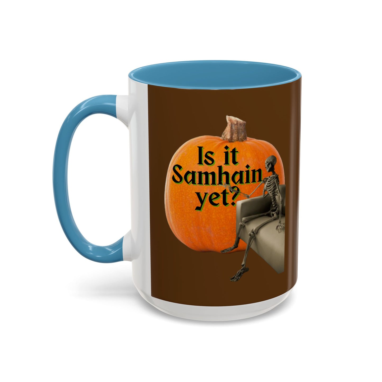 Is It Samhain Yet? Skeleton's Giant Pumpkin Brown Accent Mug by CreepyCrafts.boo