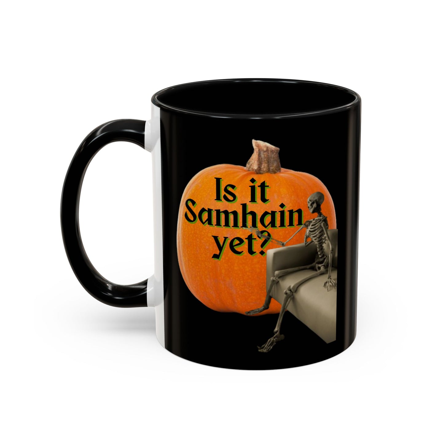 Is It Samhain Yet? Skeleton's Giant Pumpkin Black Accent Mug by CreepyCrafts.boo