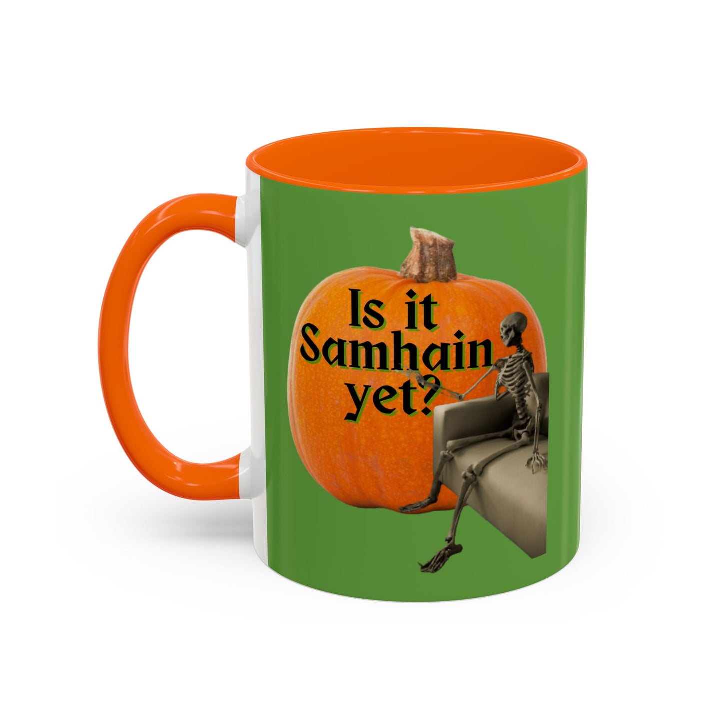 Is It Samhain Yet? Skeleton's Giant Pumpkin Green Accent Mug by CreepyCrafts.boo