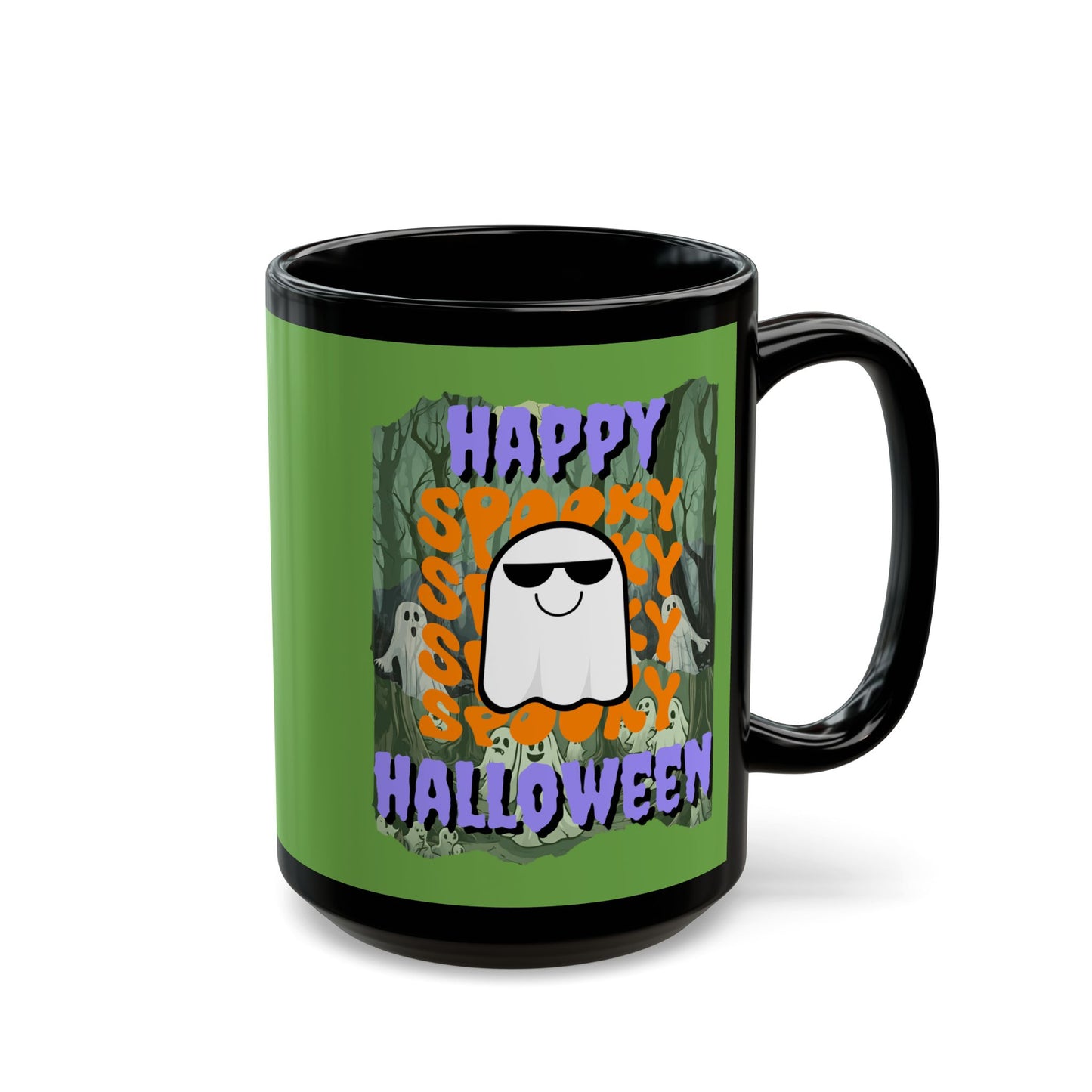 Spooky Happy Halloween Ghost Purple font Green Mug by CreepyCrafts.boo