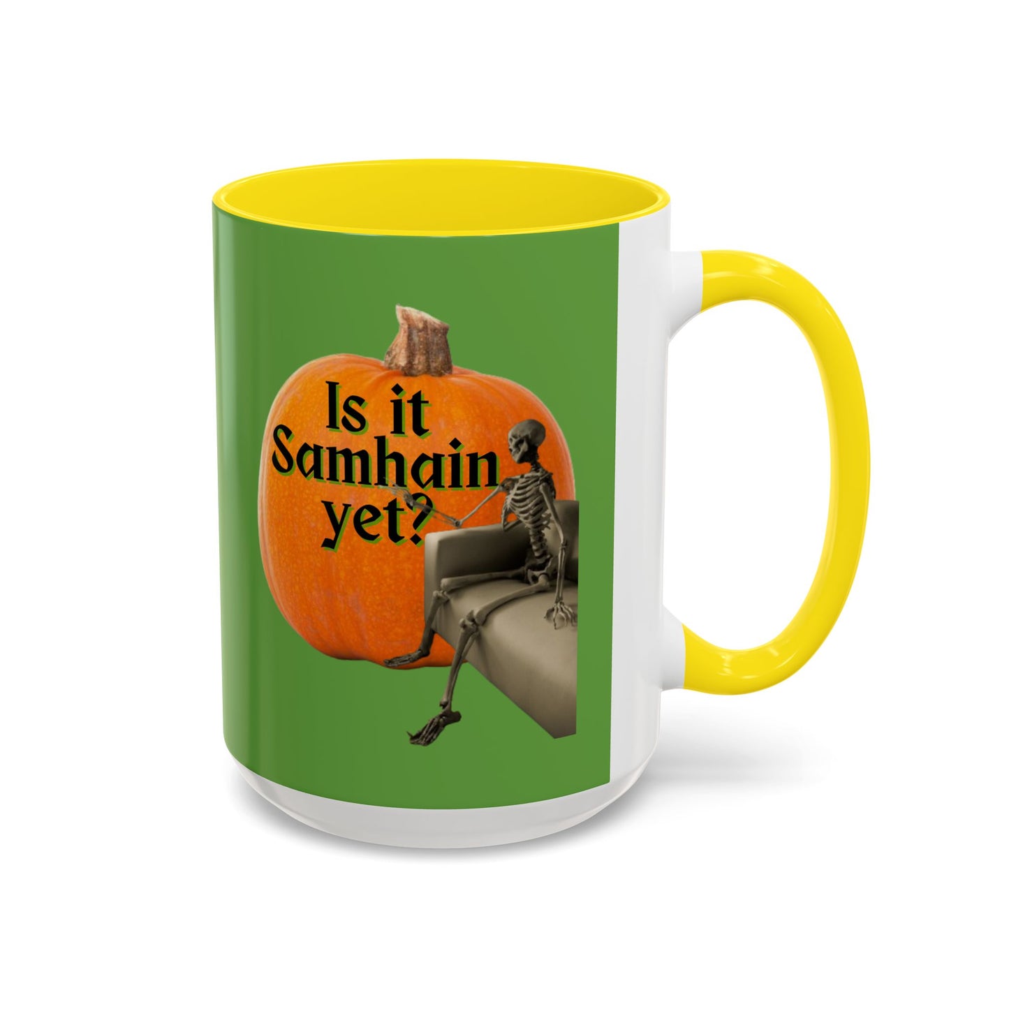 Is It Samhain Yet? Skeleton's Giant Pumpkin Green Accent Mug by CreepyCrafts.boo