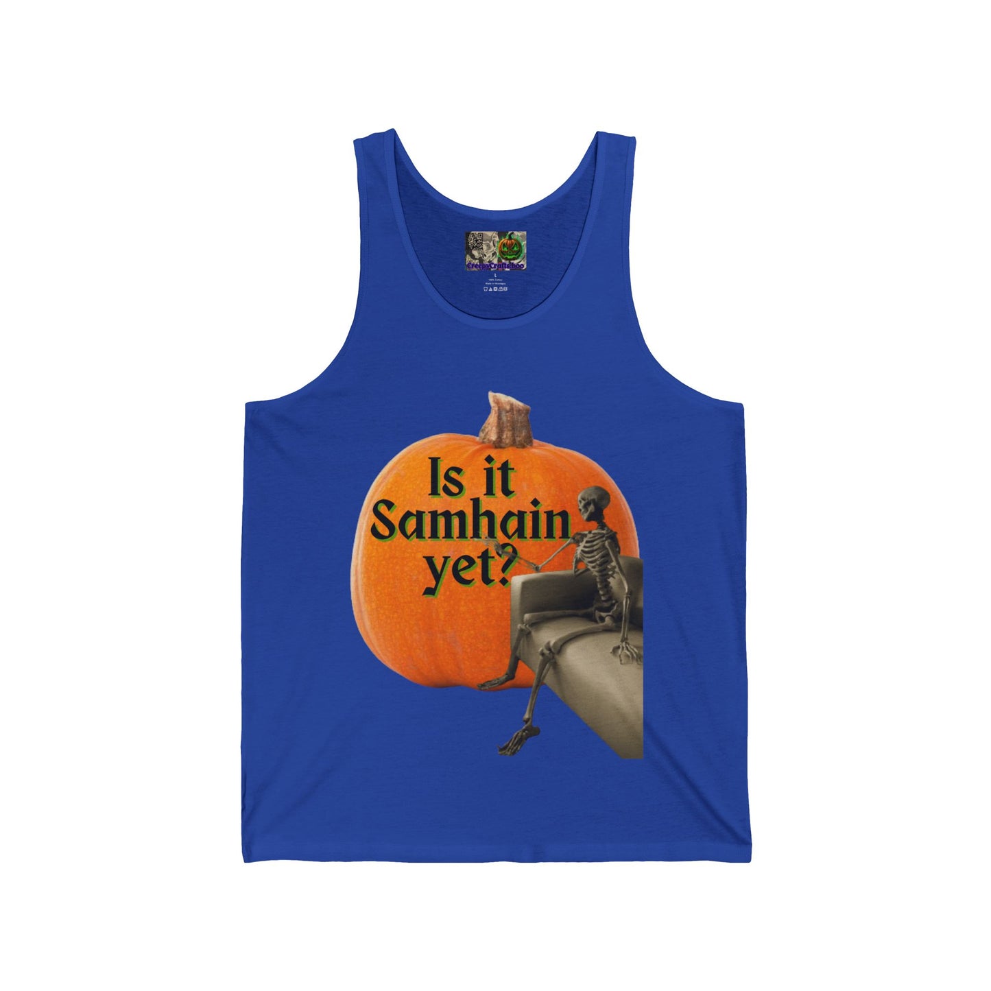 Is It Samhain Yet? Skeleton's Giant Pumpkin Unisex Jersey Tank Top by CreepyCrafts.boo