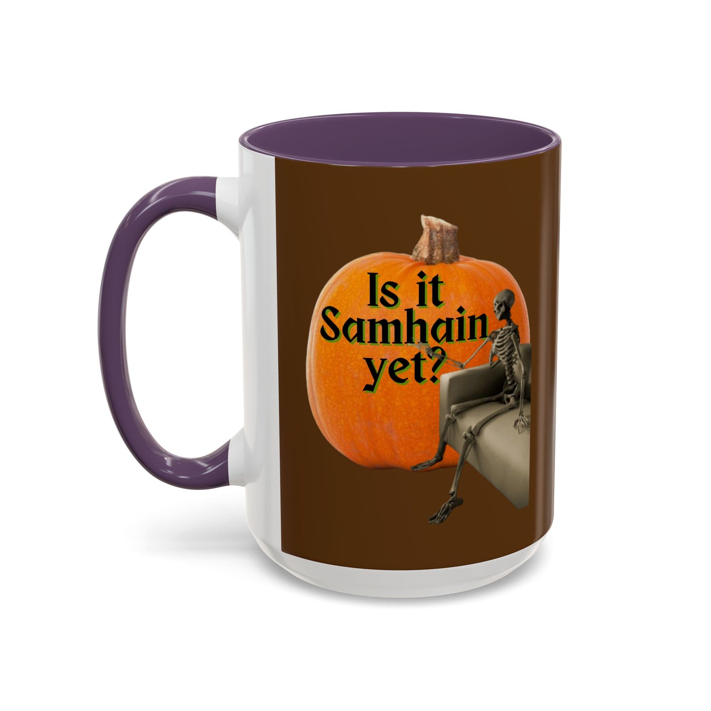 Is It Samhain Yet? Skeleton's Giant Pumpkin Brown Accent Mug by CreepyCrafts.boo