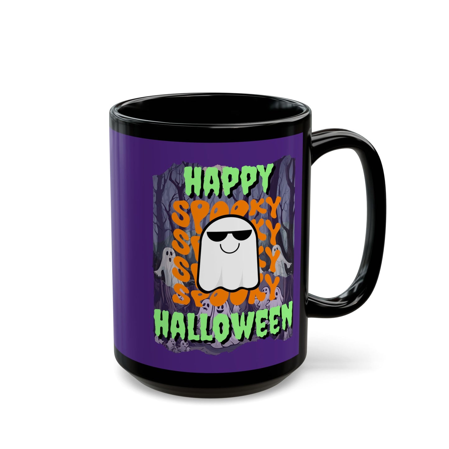 Spooky Happy Halloween Ghost Green font Purple Mug by CreepyCrafts.boo