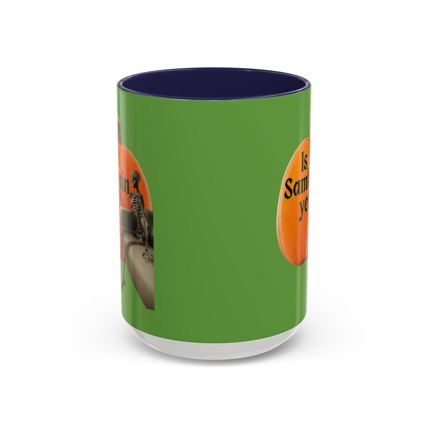 Is It Samhain Yet? Skeleton's Giant Pumpkin Green Accent Mug by CreepyCrafts.boo