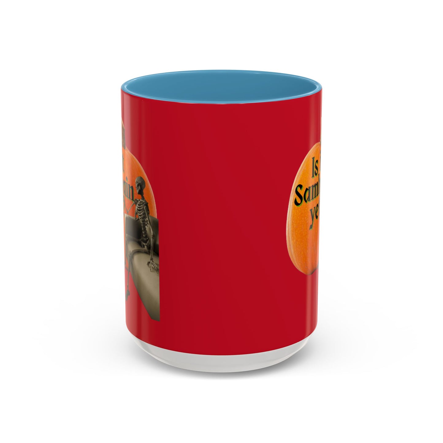 Is It Samhain Yet? Skeleton's Giant Pumpkin Red Accent Mug by CreepyCrafts.boo
