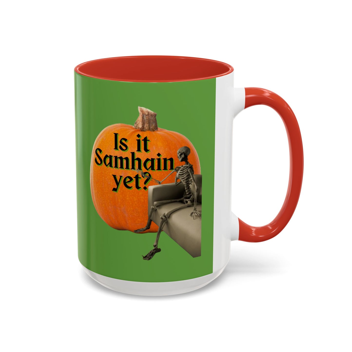Is It Samhain Yet? Skeleton's Giant Pumpkin Green Accent Mug by CreepyCrafts.boo