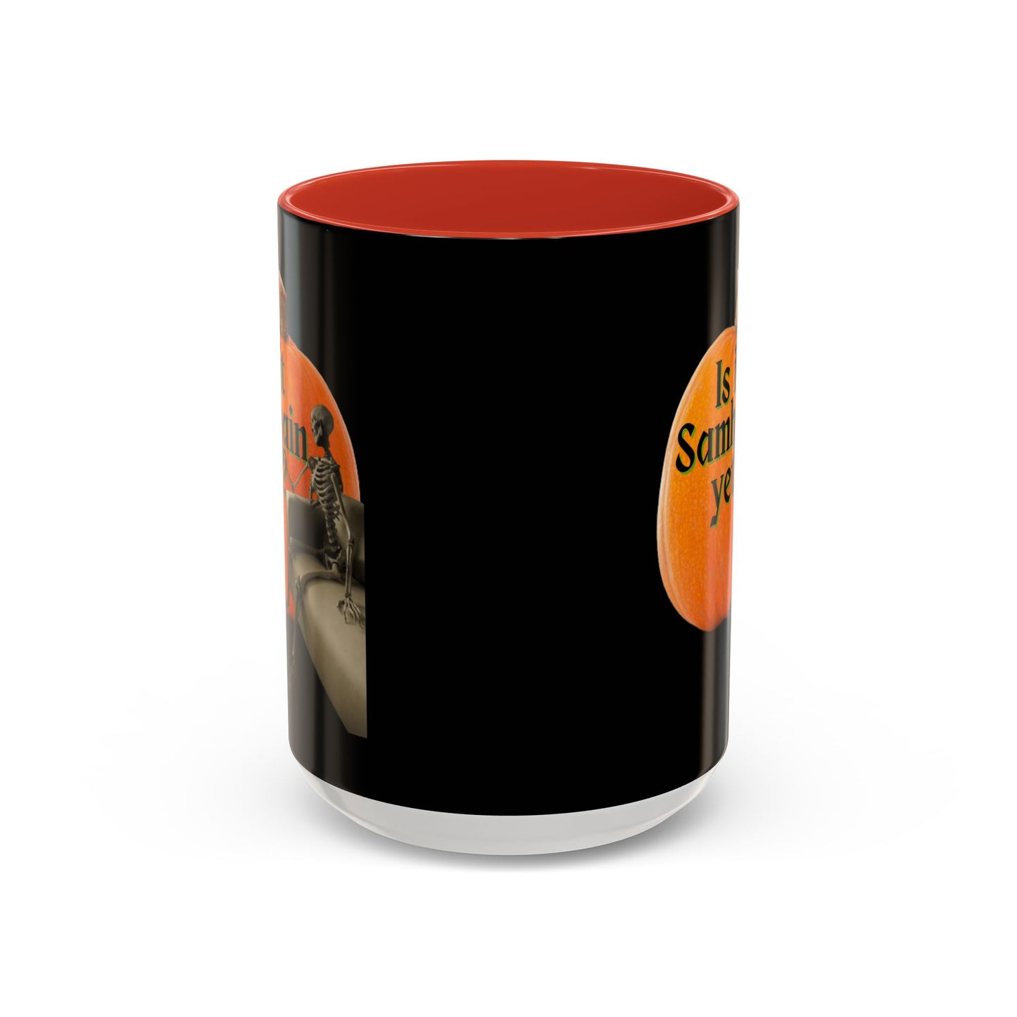 Is It Samhain Yet? Skeleton's Giant Pumpkin Black Accent Mug by CreepyCrafts.boo