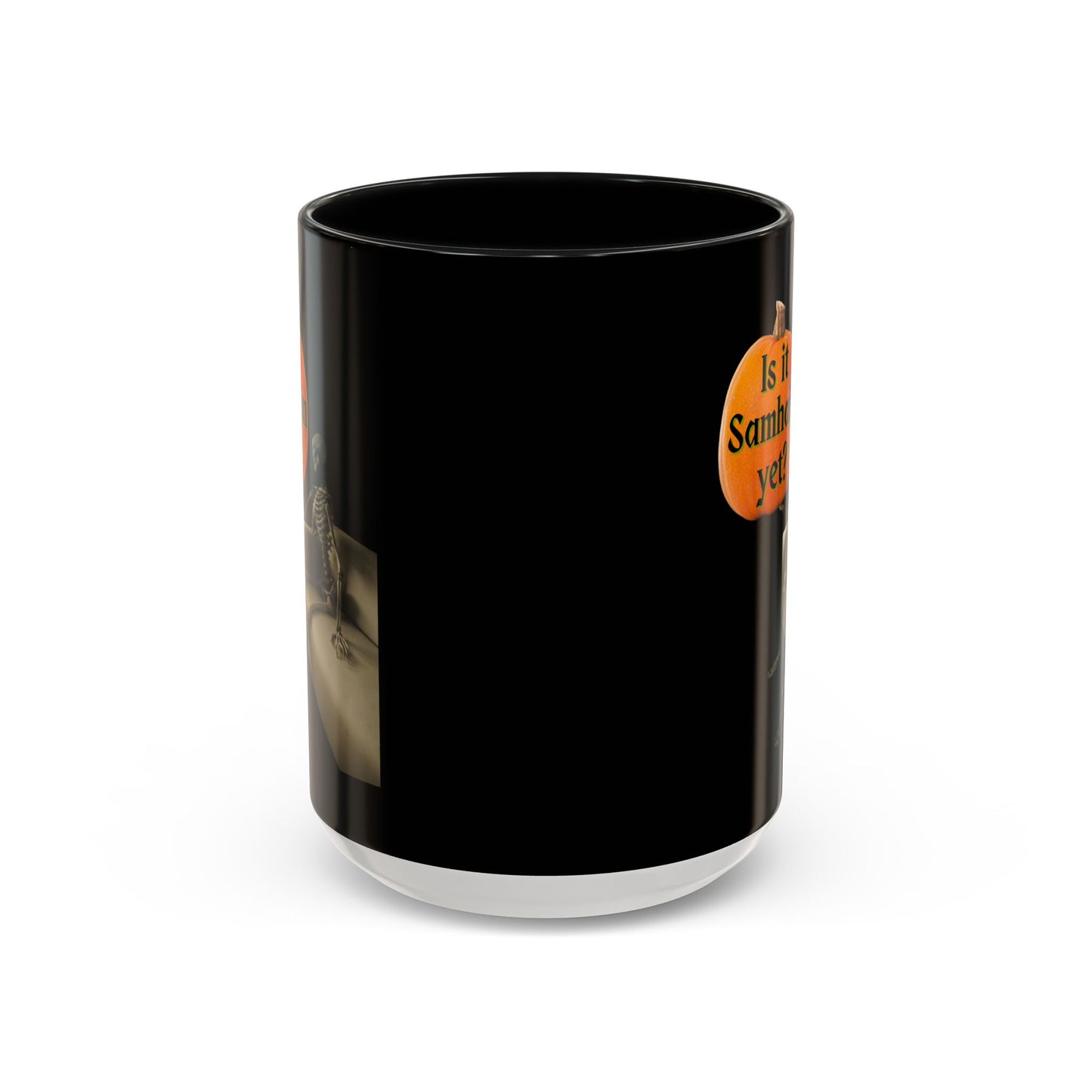 Is it Samhain yet? Skeleton's Pumpkin Black Accent Mug by CreepyCrafts.boo
