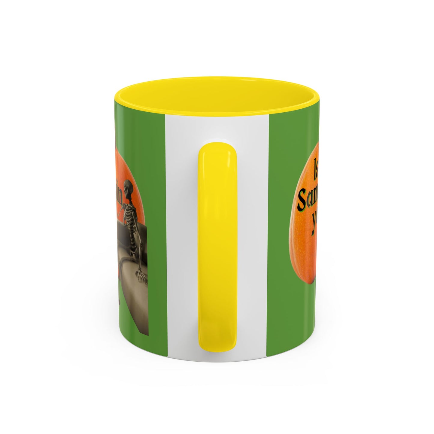 Is It Samhain Yet? Skeleton's Giant Pumpkin Green Accent Mug by CreepyCrafts.boo
