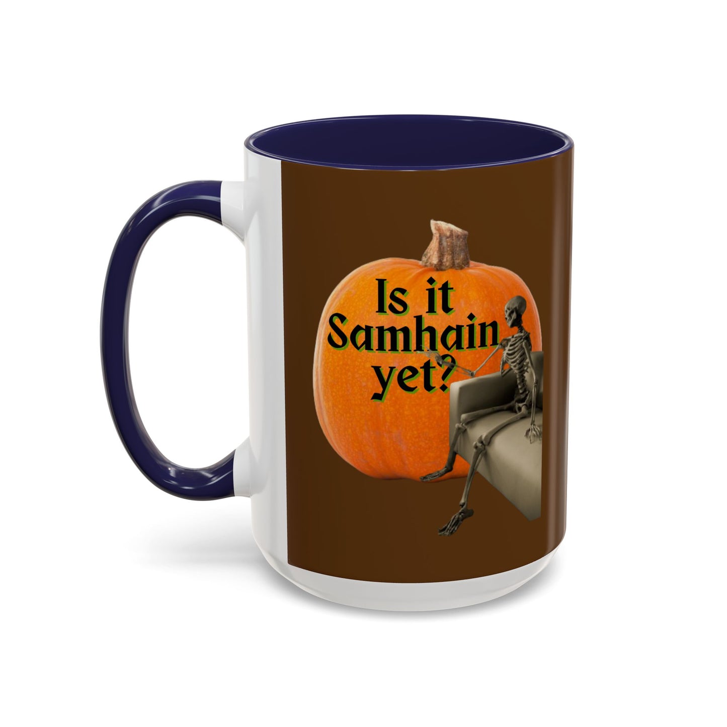 Is It Samhain Yet? Skeleton's Giant Pumpkin Brown Accent Mug by CreepyCrafts.boo