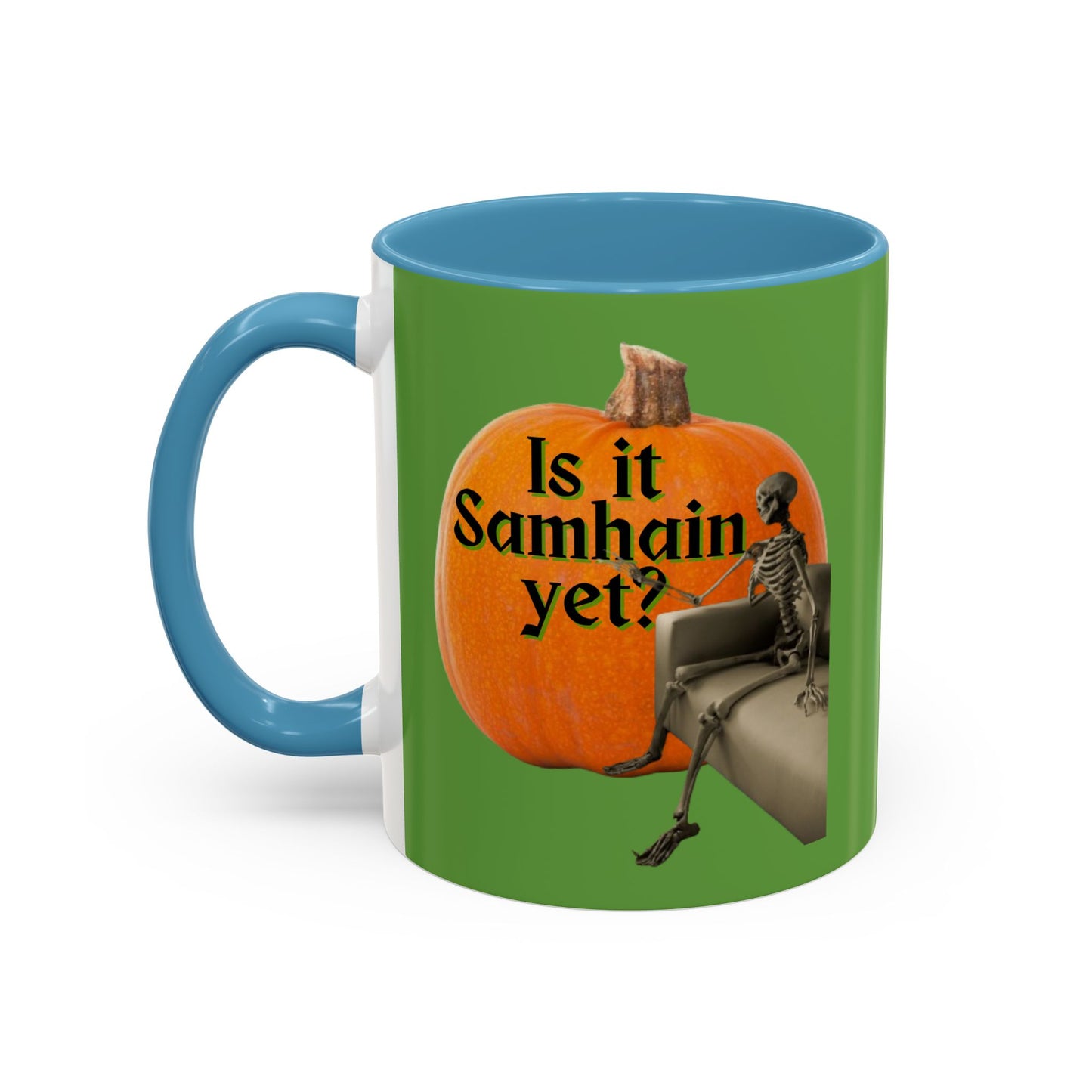 Is It Samhain Yet? Skeleton's Giant Pumpkin Green Accent Mug by CreepyCrafts.boo
