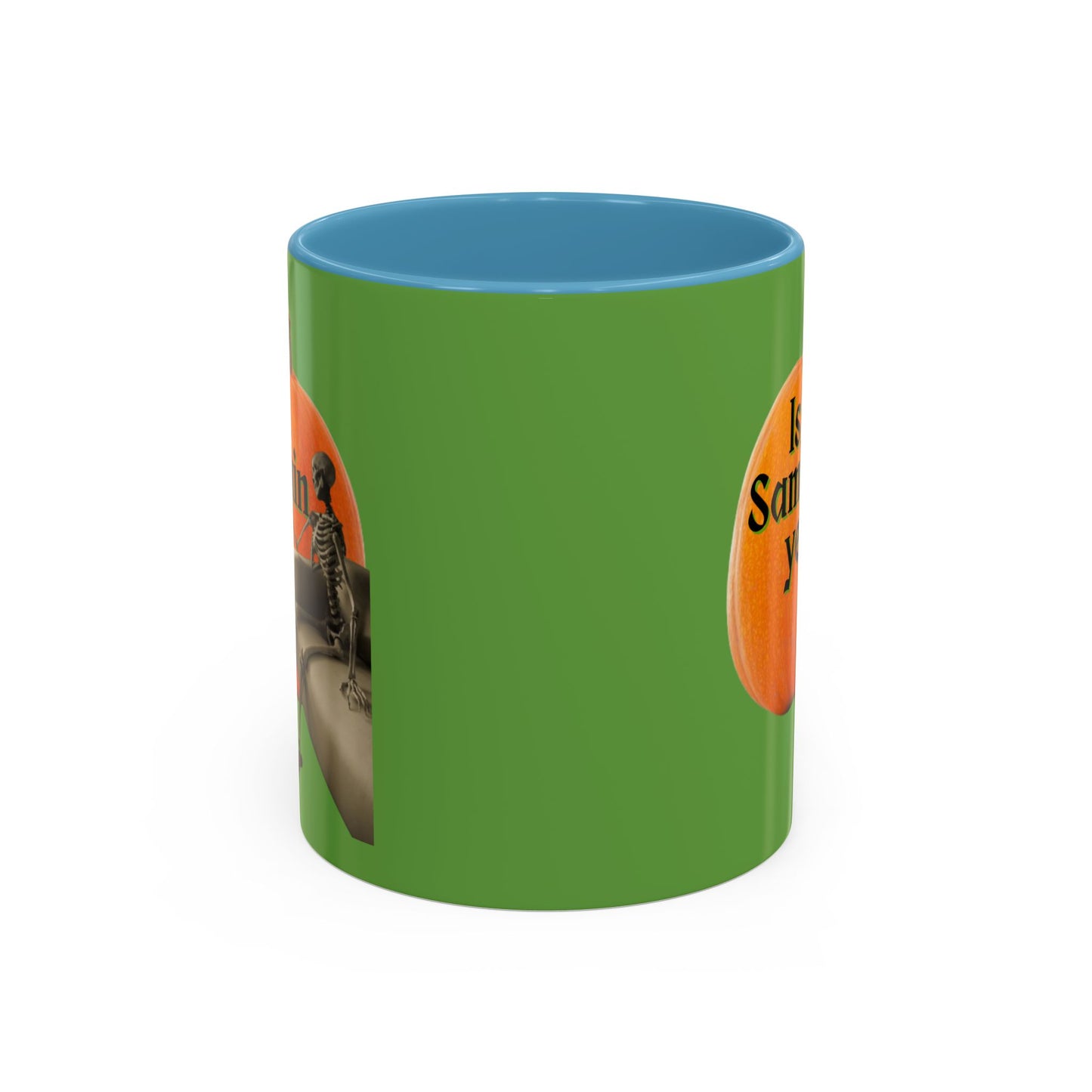 Is It Samhain Yet? Skeleton's Giant Pumpkin Green Accent Mug by CreepyCrafts.boo