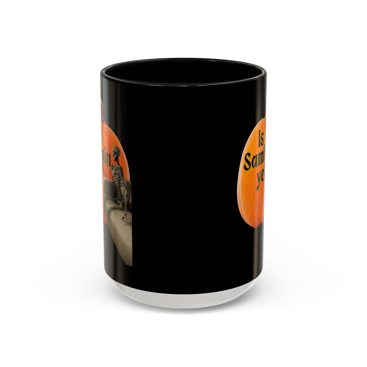 Is It Samhain Yet? Skeleton's Giant Pumpkin Black Accent Mug by CreepyCrafts.boo