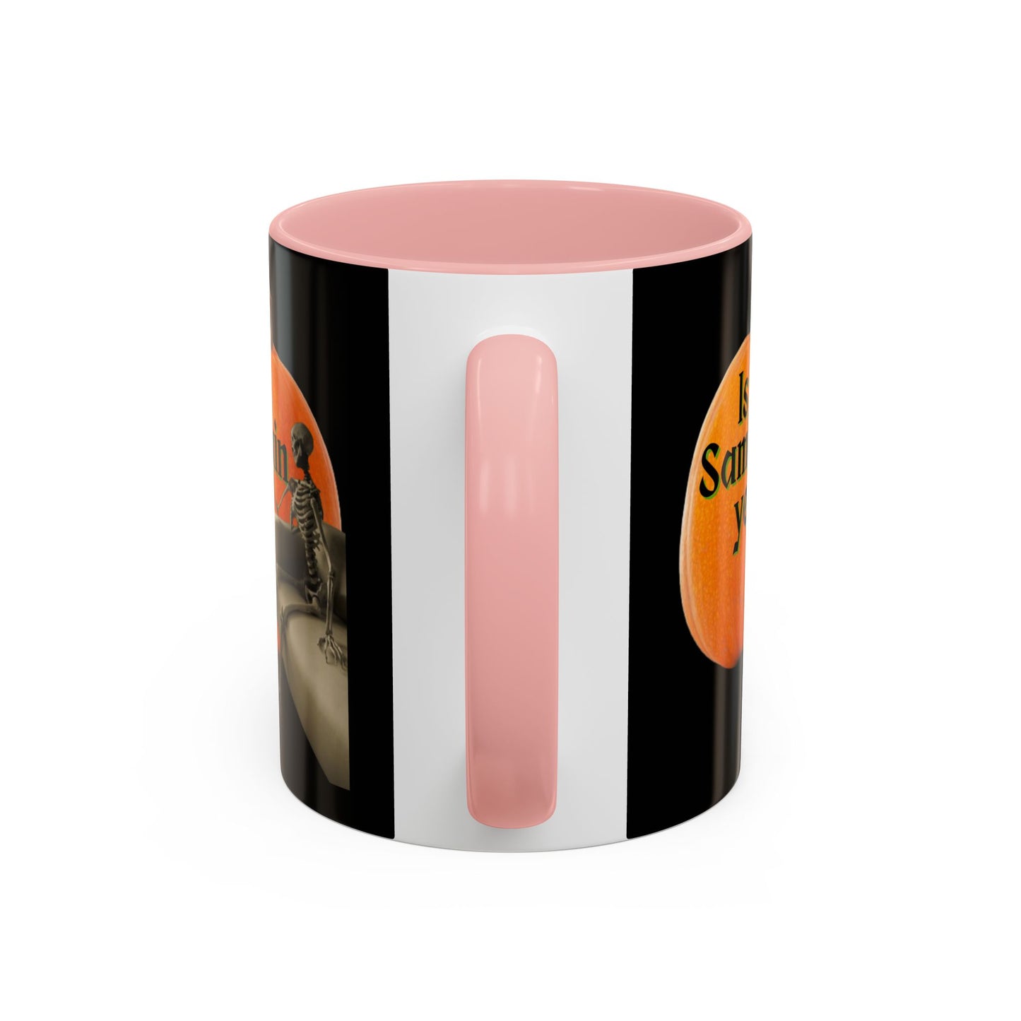 Is It Samhain Yet? Skeleton's Giant Pumpkin Black Accent Mug by CreepyCrafts.boo