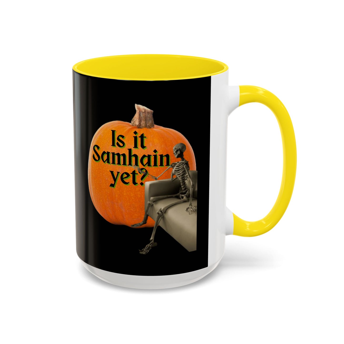 Is It Samhain Yet? Skeleton's Giant Pumpkin Black Accent Mug by CreepyCrafts.boo
