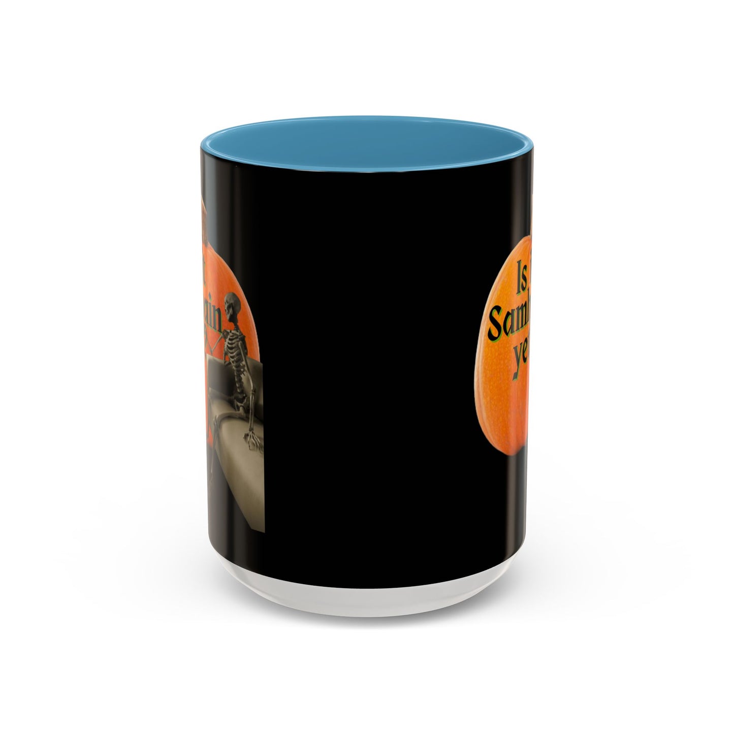Is It Samhain Yet? Skeleton's Giant Pumpkin Black Accent Mug by CreepyCrafts.boo