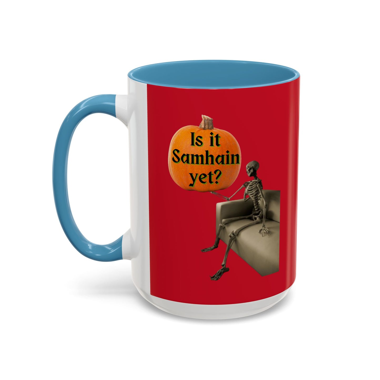 Is it Samhain yet? Skeleton's Pumpkin Red Accent Mug by CreepyCrafts.boo