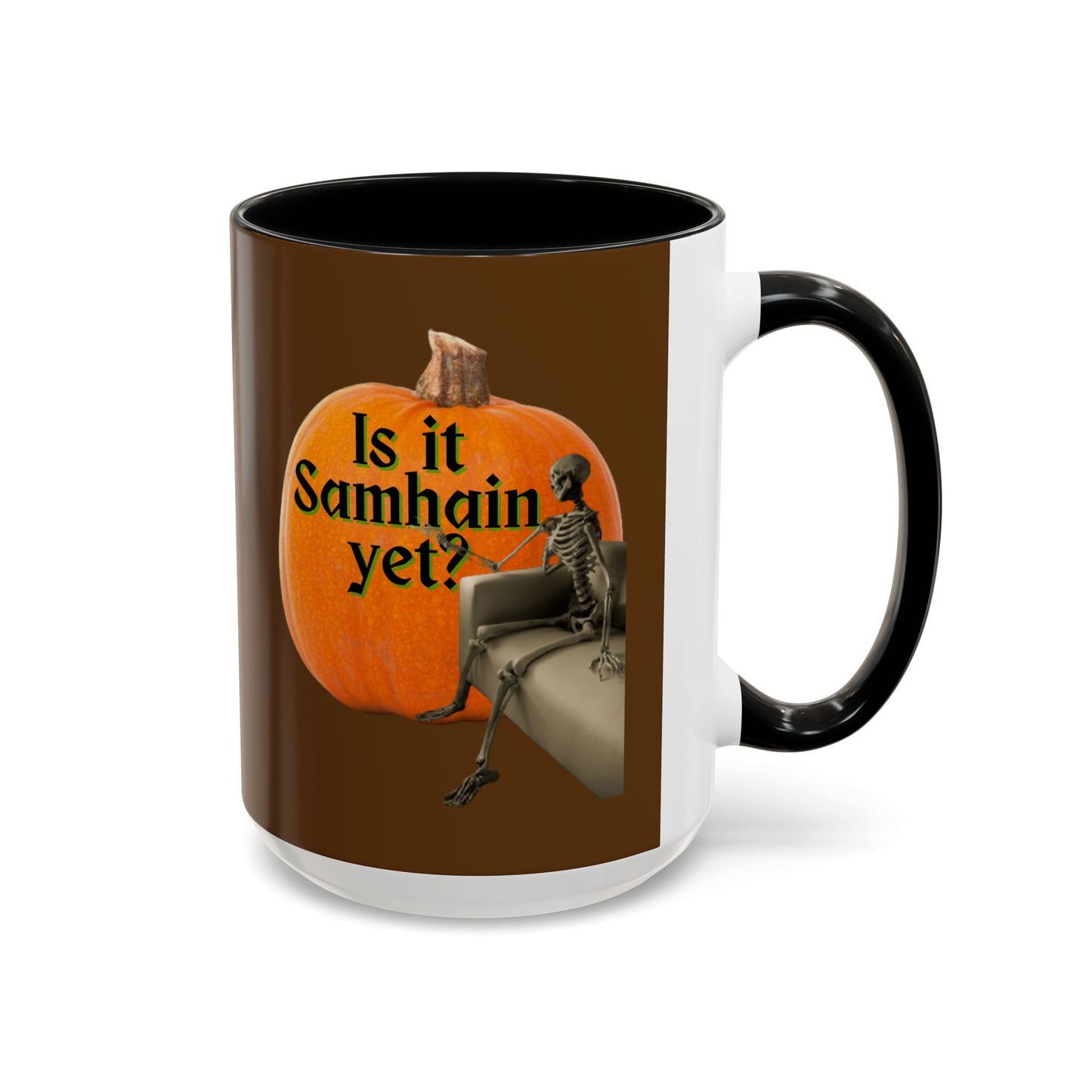 Is It Samhain Yet? Skeleton's Giant Pumpkin Brown Accent Mug by CreepyCrafts.boo