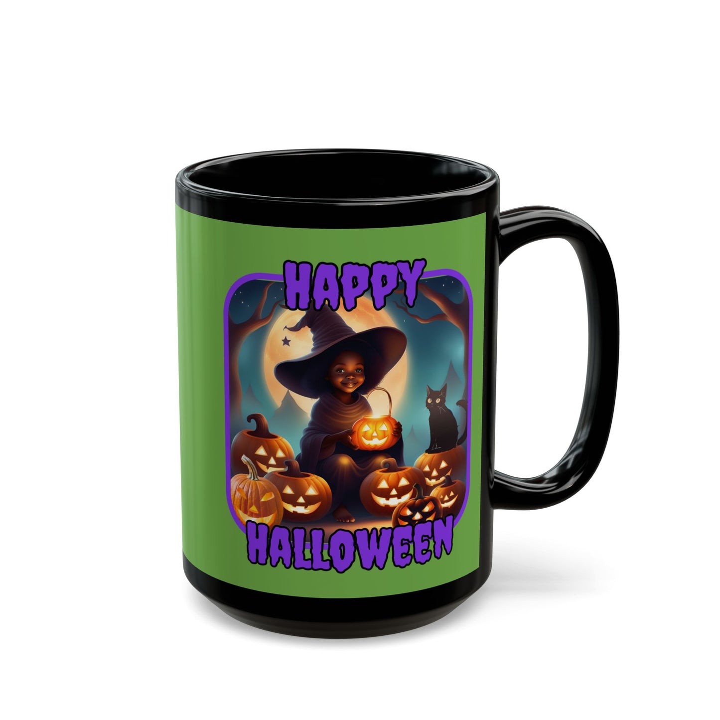 Happy Halloween Cute Witch Purple font Green Mug by CreepyCrafts.boo