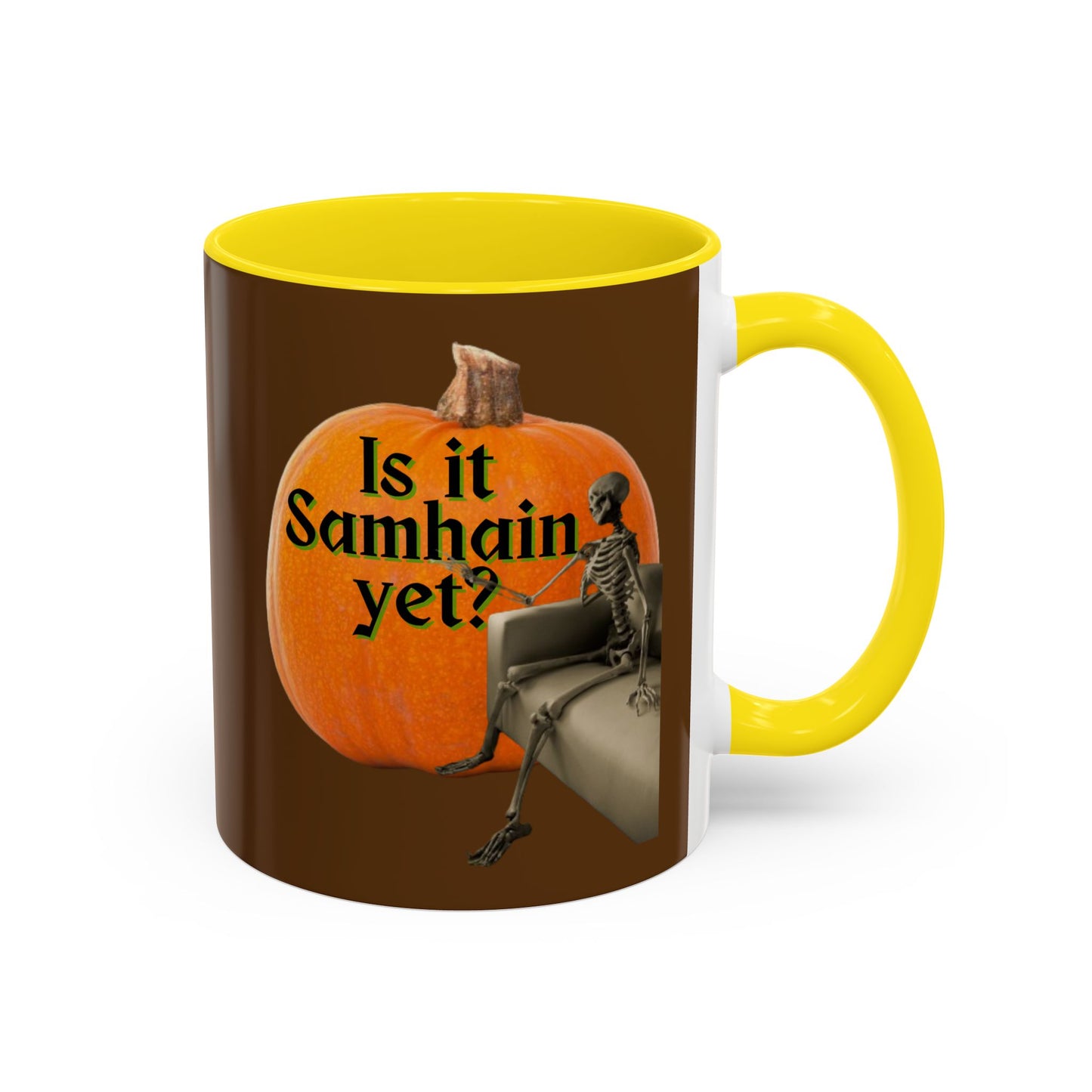 Is It Samhain Yet? Skeleton's Giant Pumpkin Brown Accent Mug by CreepyCrafts.boo