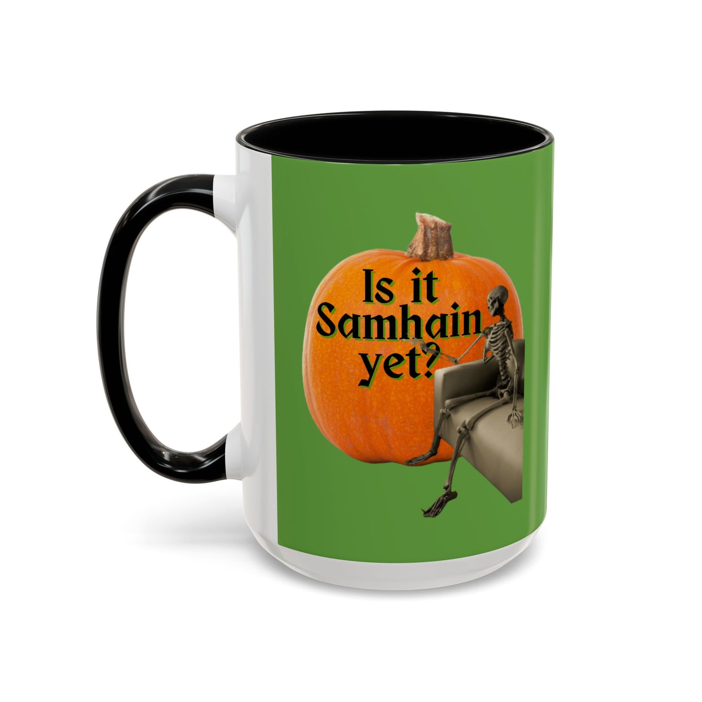 Is It Samhain Yet? Skeleton's Giant Pumpkin Green Accent Mug by CreepyCrafts.boo