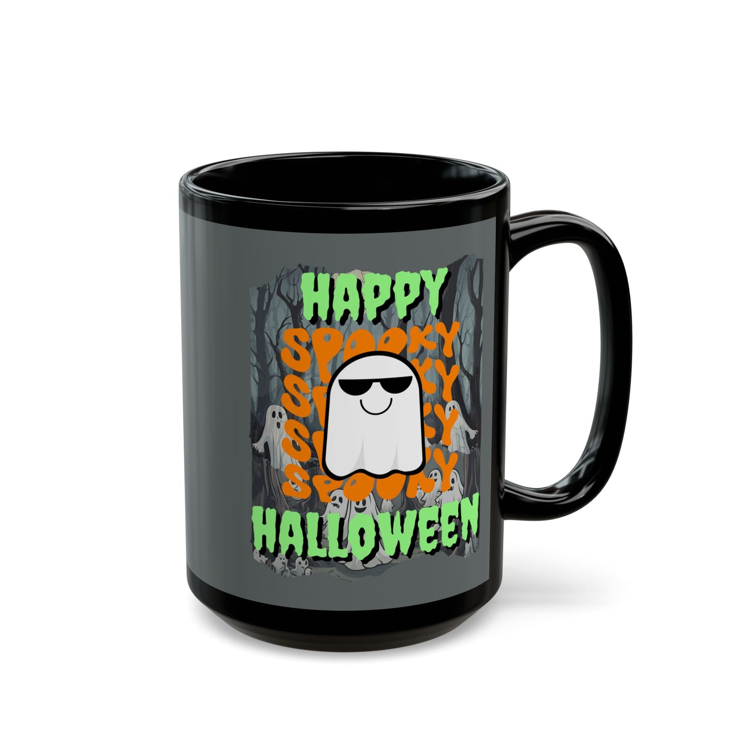 Spooky Happy Halloween Ghost Green font Grey Mug by CreepyCrafts.boo