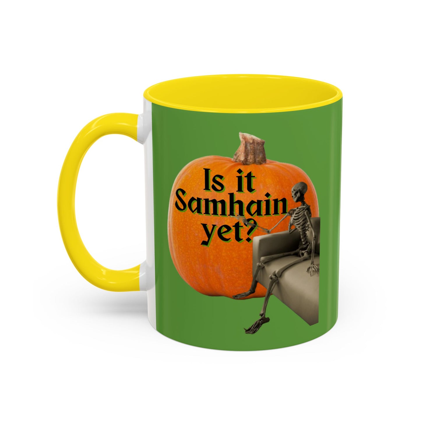 Is It Samhain Yet? Skeleton's Giant Pumpkin Green Accent Mug by CreepyCrafts.boo