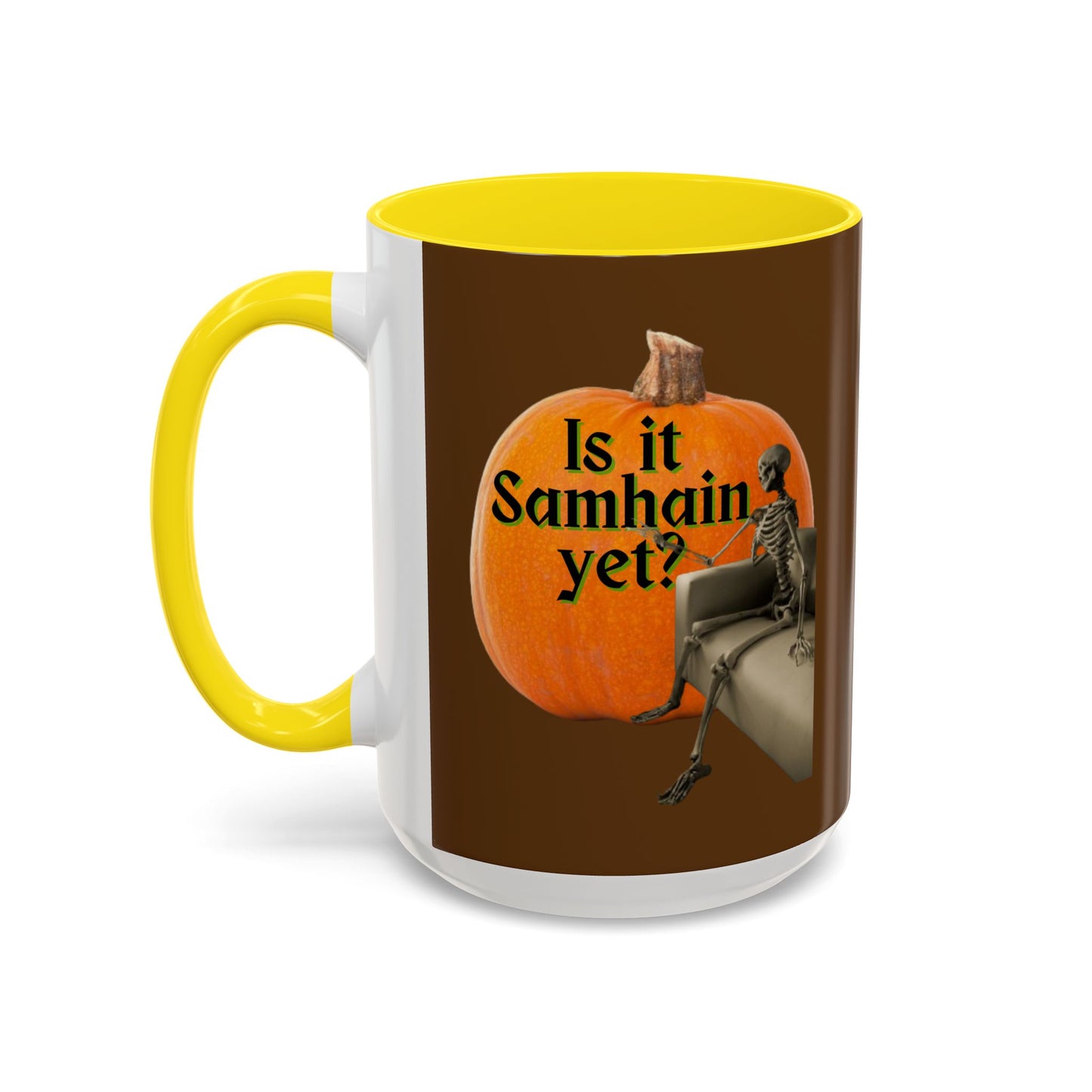 Is It Samhain Yet? Skeleton's Giant Pumpkin Brown Accent Mug by CreepyCrafts.boo