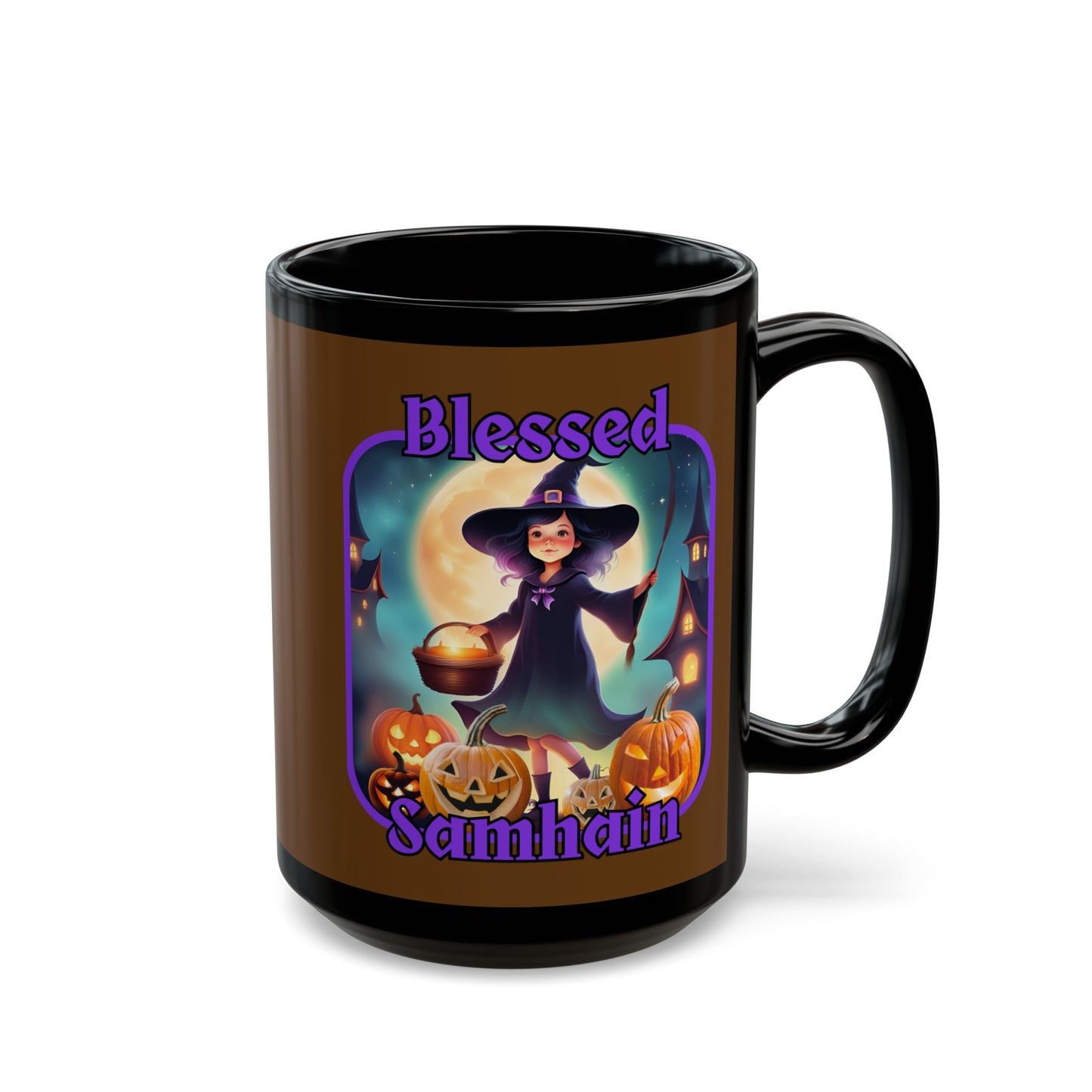 Blessed Samhain Little Witch Purple font Brown Mug by CreepyCrafts.boo