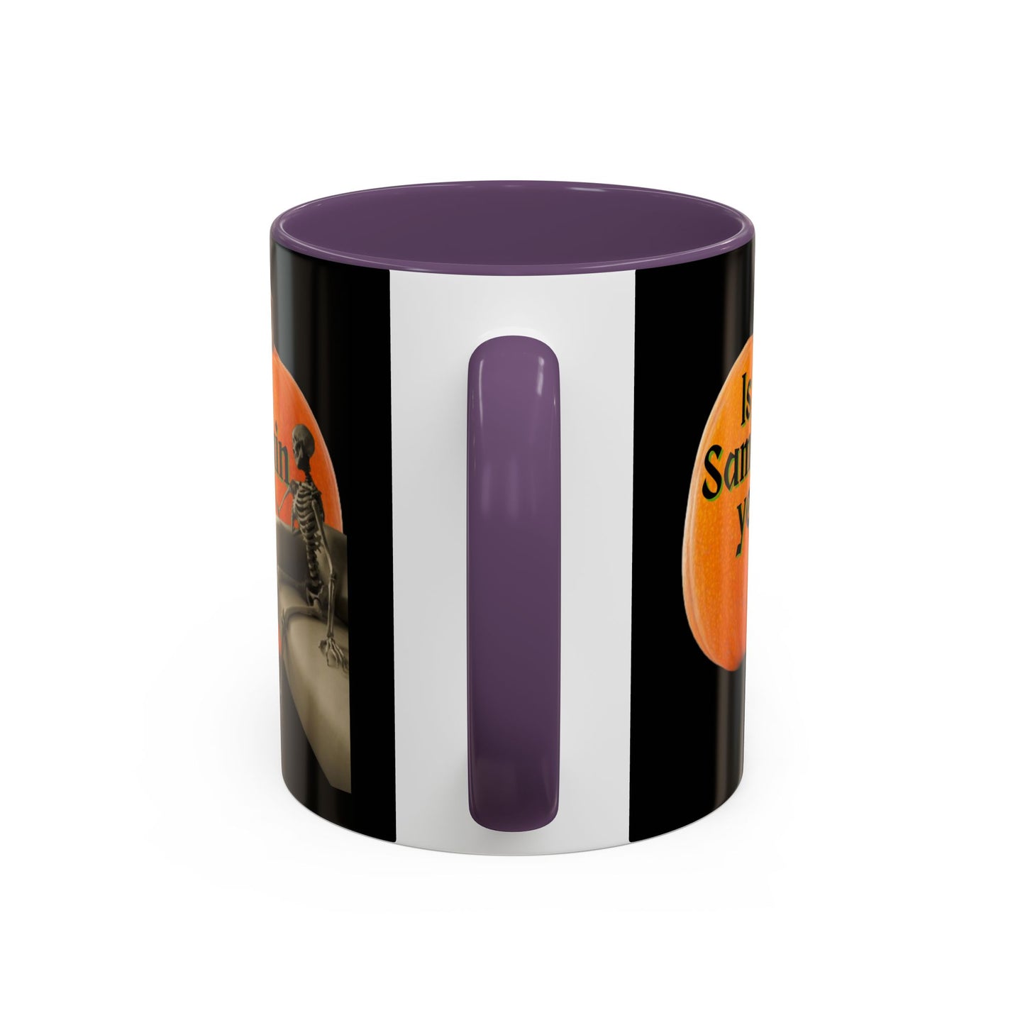Is It Samhain Yet? Skeleton's Giant Pumpkin Black Accent Mug by CreepyCrafts.boo