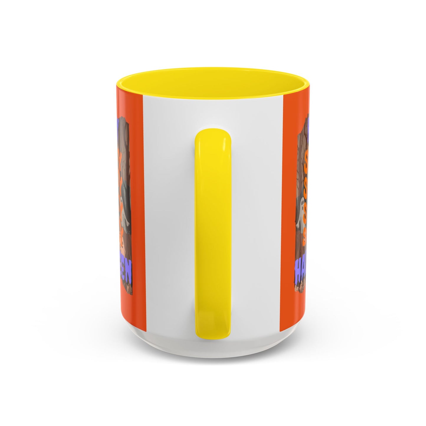 Spooky Happy Halloween Ghost Purple font Orange Accent Mug by CreepyCrafts.boo