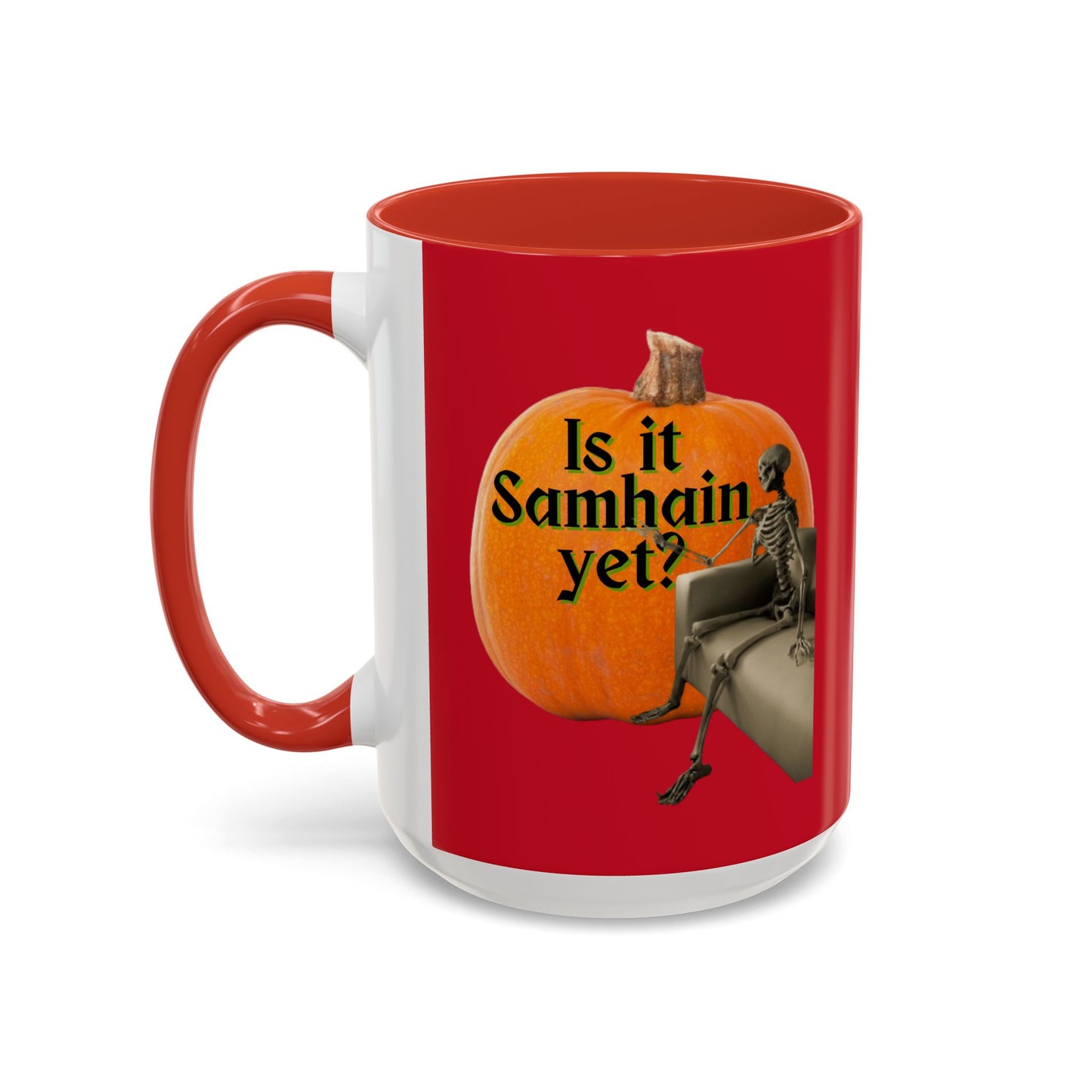 Is It Samhain Yet? Skeleton's Giant Pumpkin Red Accent Mug by CreepyCrafts.boo
