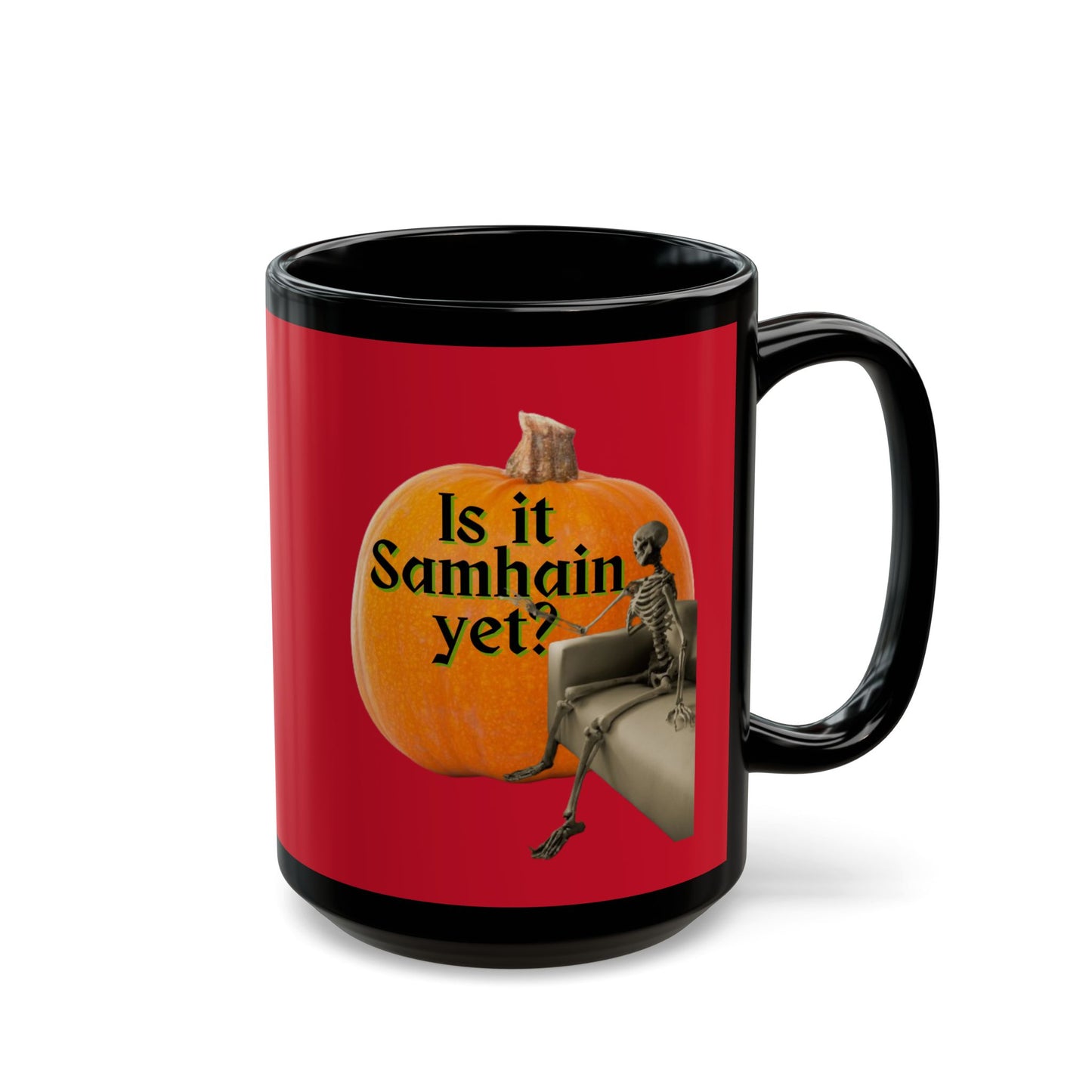 Is It Samhain Yet? Skeleton's Giant Pumpkin Red Mug by CreepyCrafts.boo