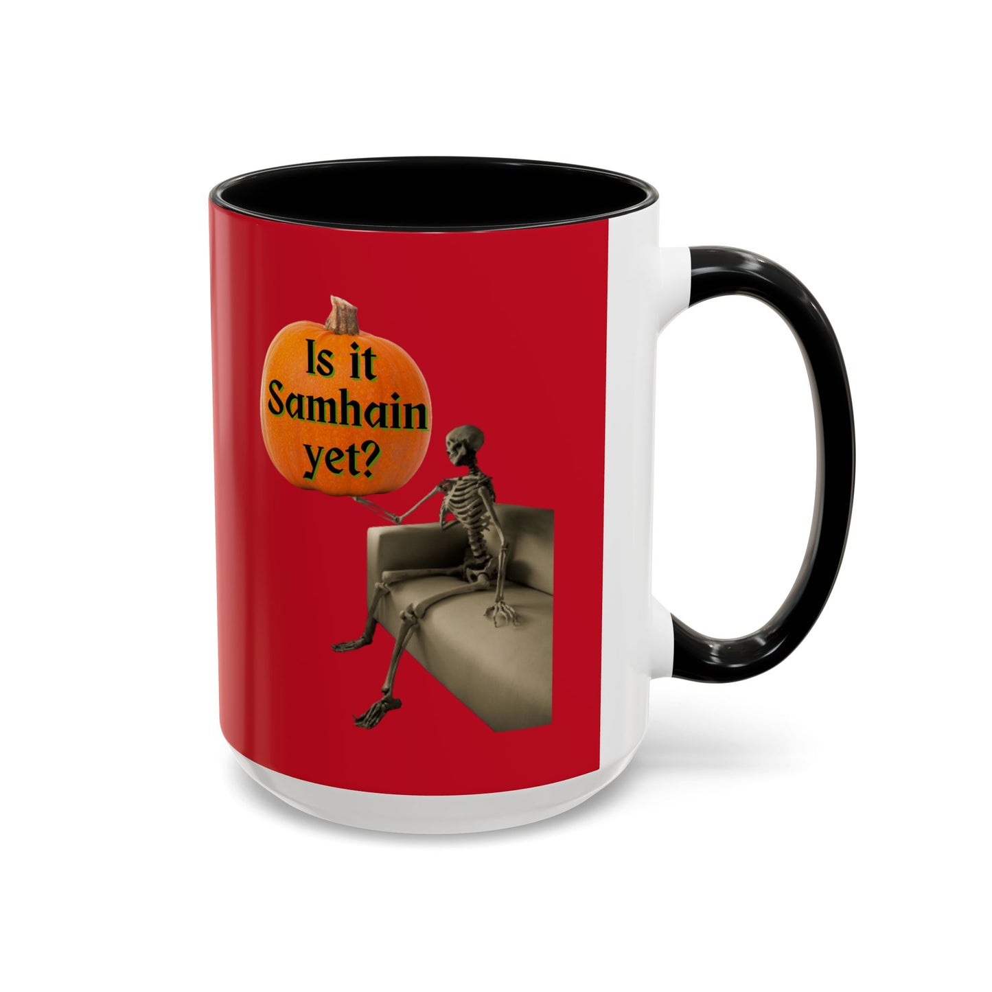 Is it Samhain yet? Skeleton's Pumpkin Red Accent Mug by CreepyCrafts.boo