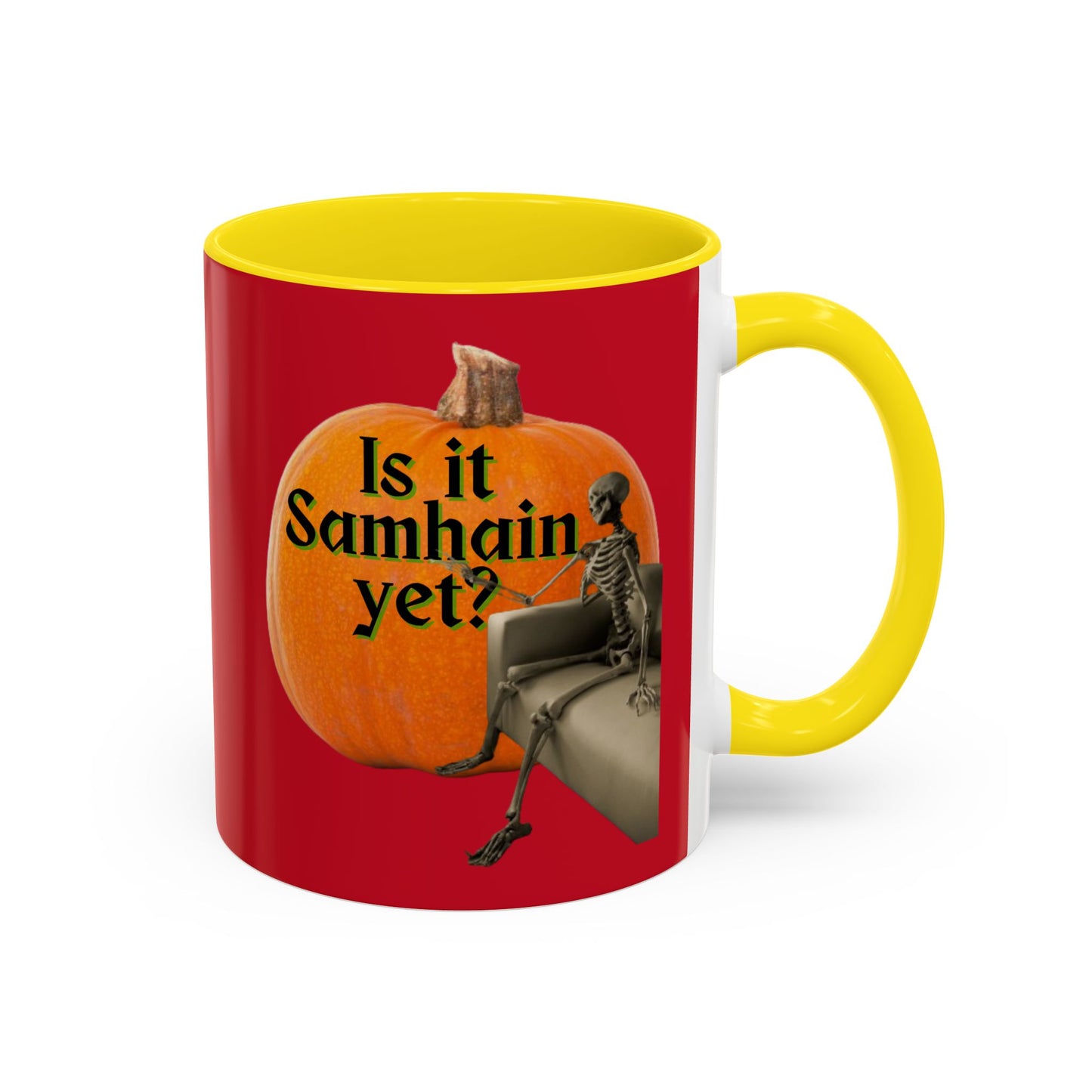 Is It Samhain Yet? Skeleton's Giant Pumpkin Red Accent Mug by CreepyCrafts.boo