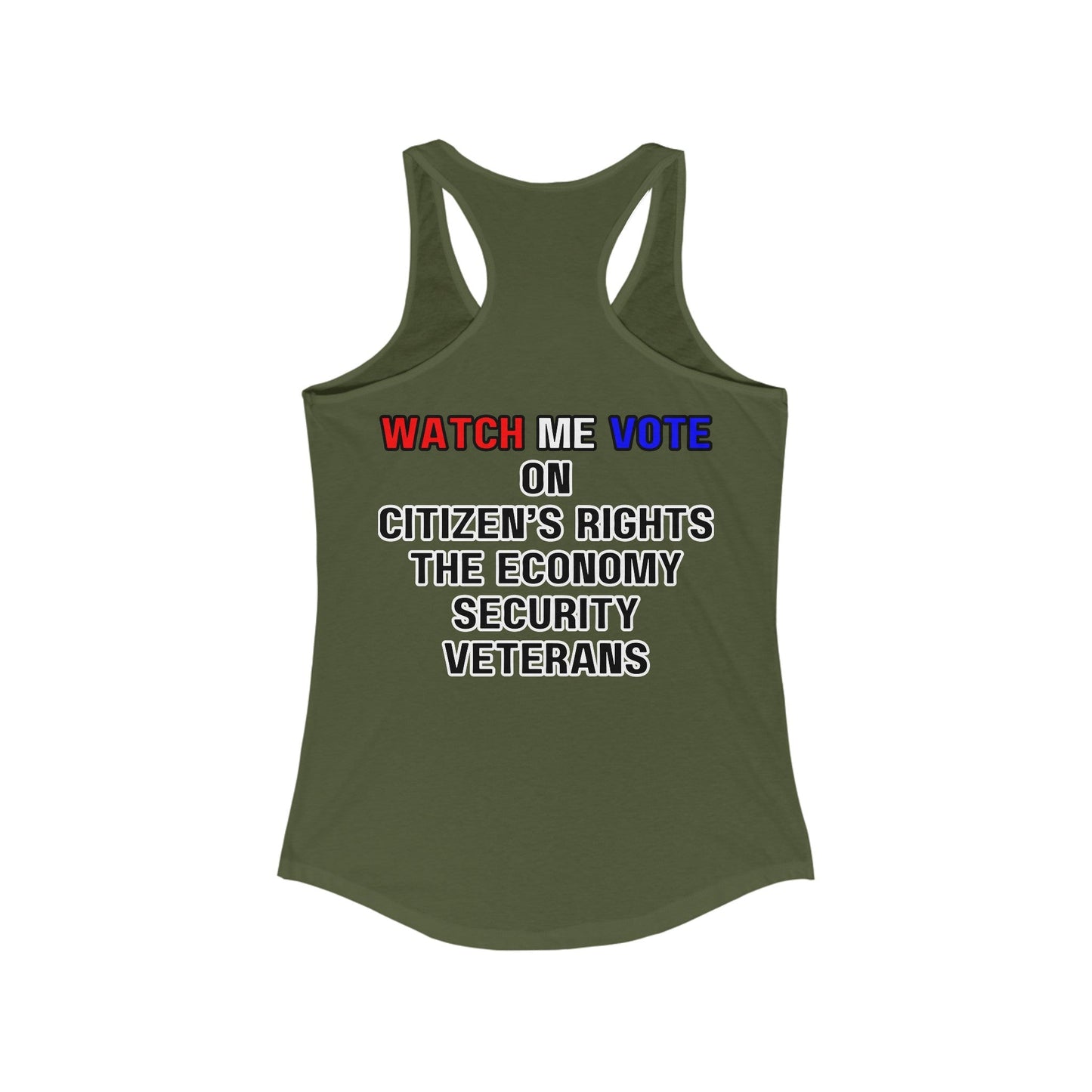 2 - sided I Am Woman Watch Me Vote Rosie Women's Racerback Tank Top by cypherpunkgear – cypherpunkgear.com | Cypherpunk Merch