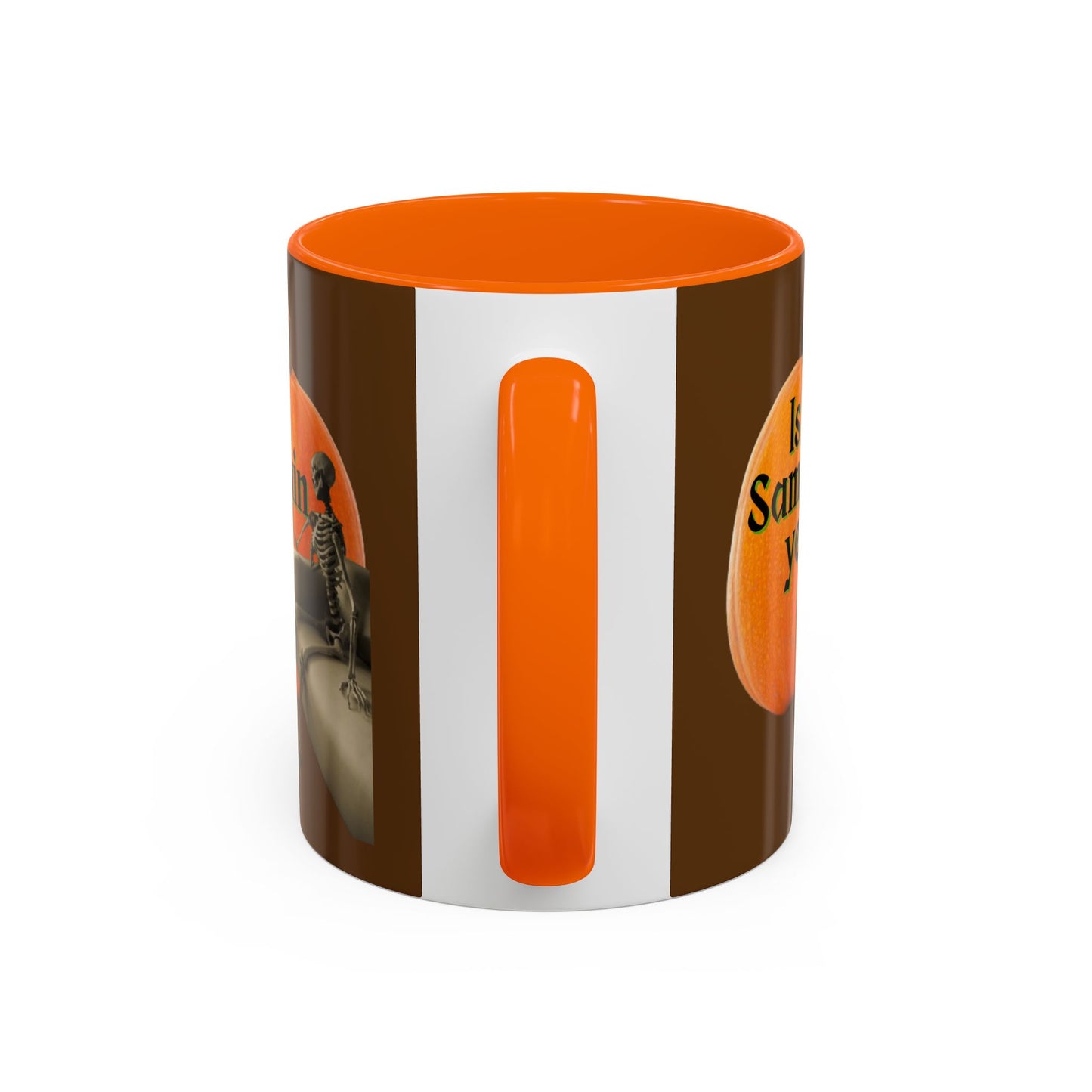 Is It Samhain Yet? Skeleton's Giant Pumpkin Brown Accent Mug by CreepyCrafts.boo