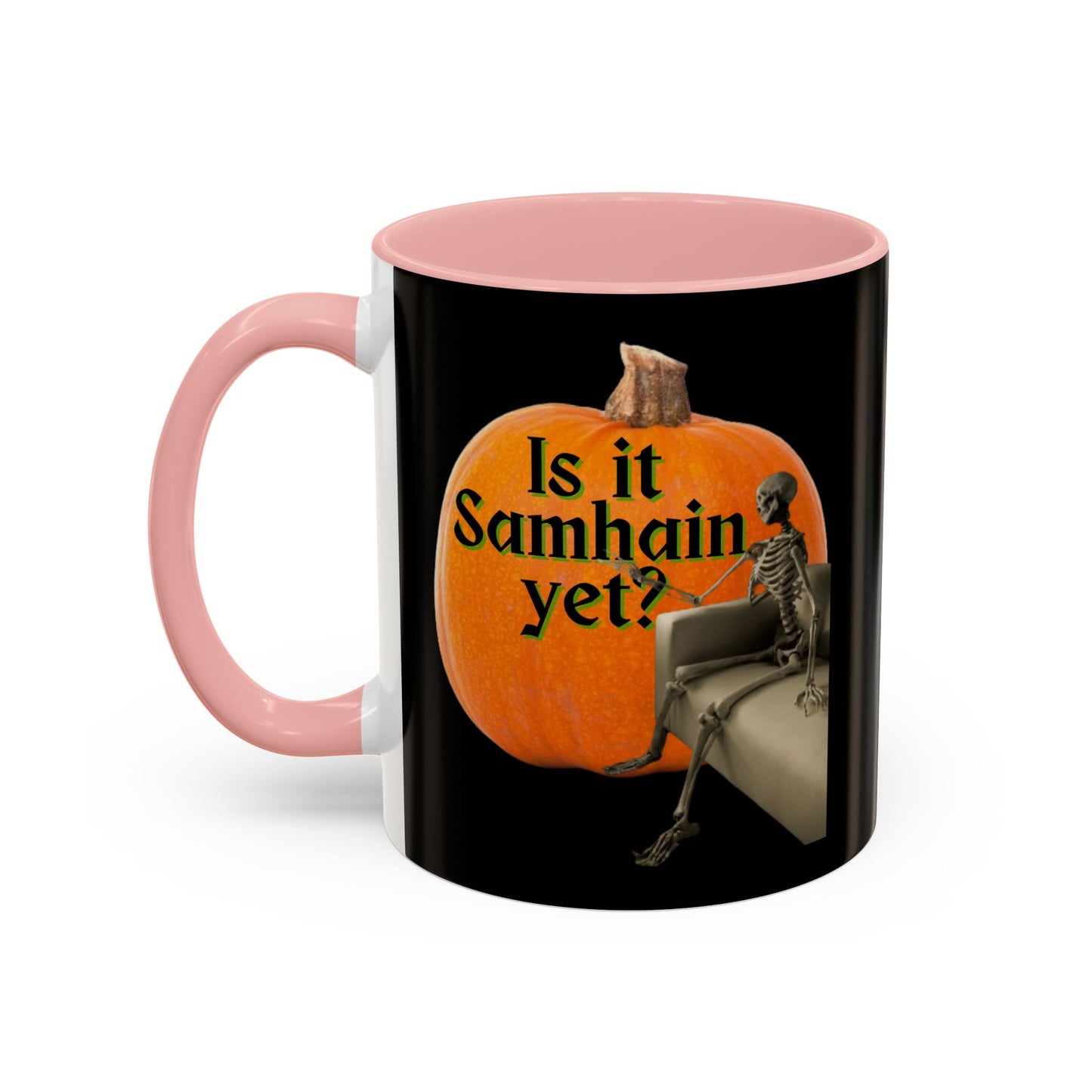 Is It Samhain Yet? Skeleton's Giant Pumpkin Black Accent Mug by CreepyCrafts.boo