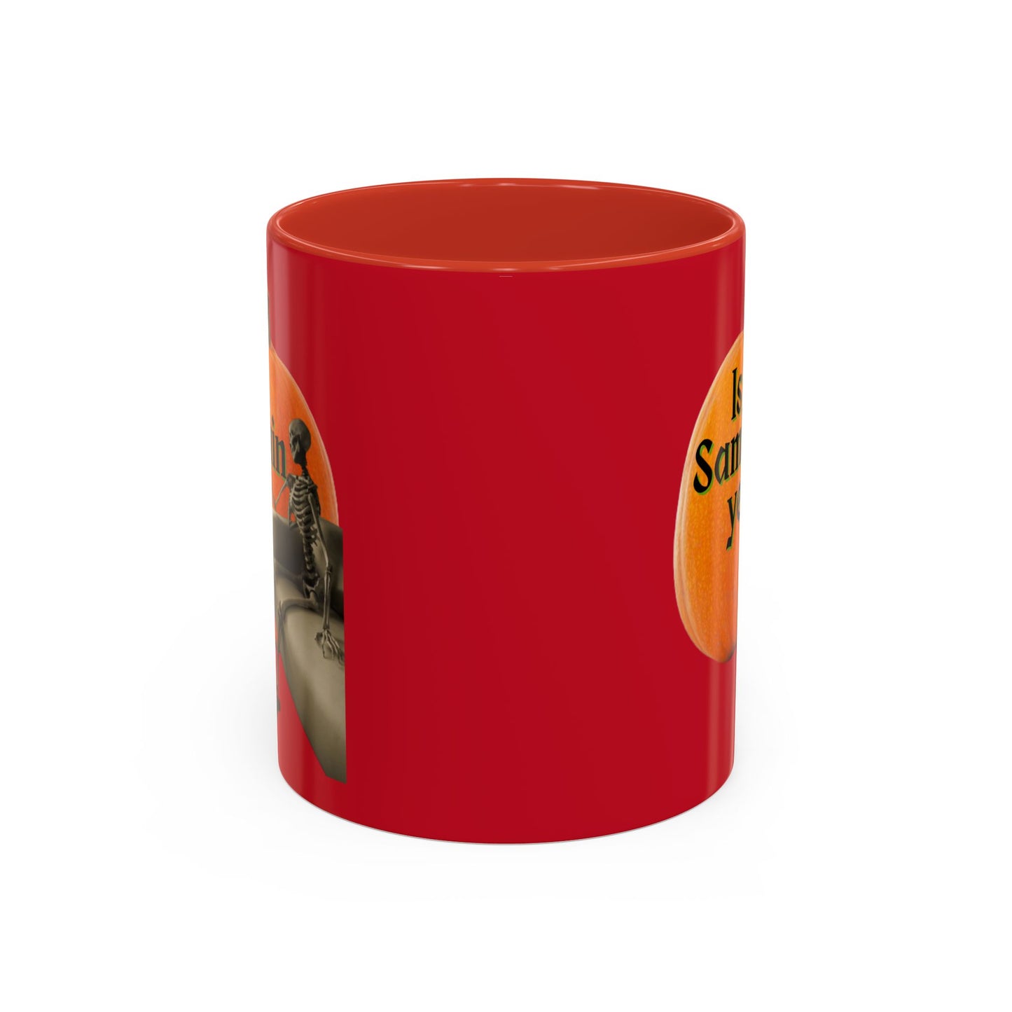 Is It Samhain Yet? Skeleton's Giant Pumpkin Red Accent Mug by CreepyCrafts.boo