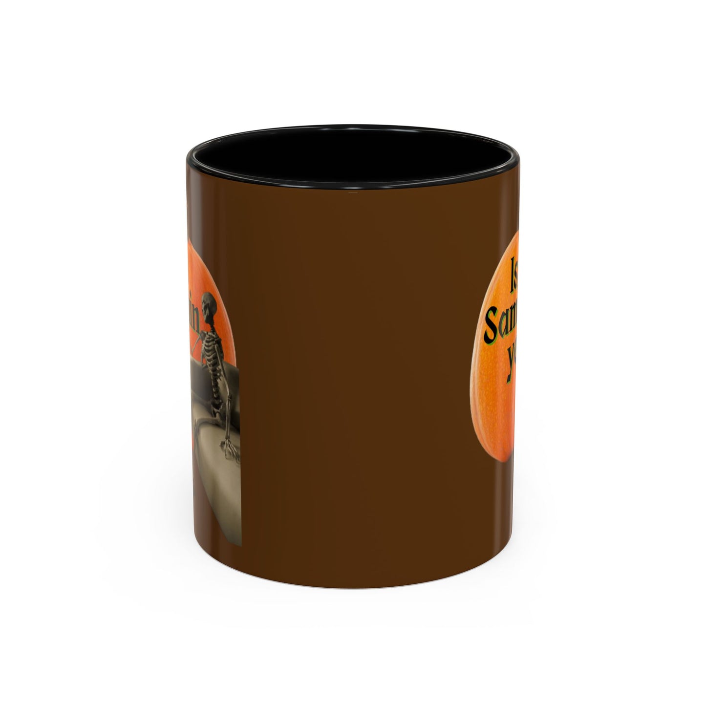 Is It Samhain Yet? Skeleton's Giant Pumpkin Brown Accent Mug by CreepyCrafts.boo