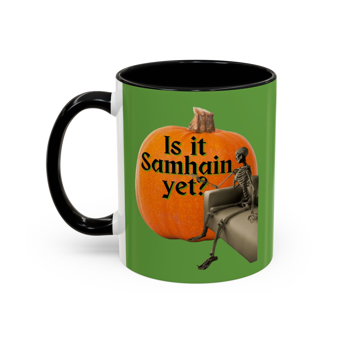 Is It Samhain Yet? Skeleton's Giant Pumpkin Green Accent Mug by CreepyCrafts.boo