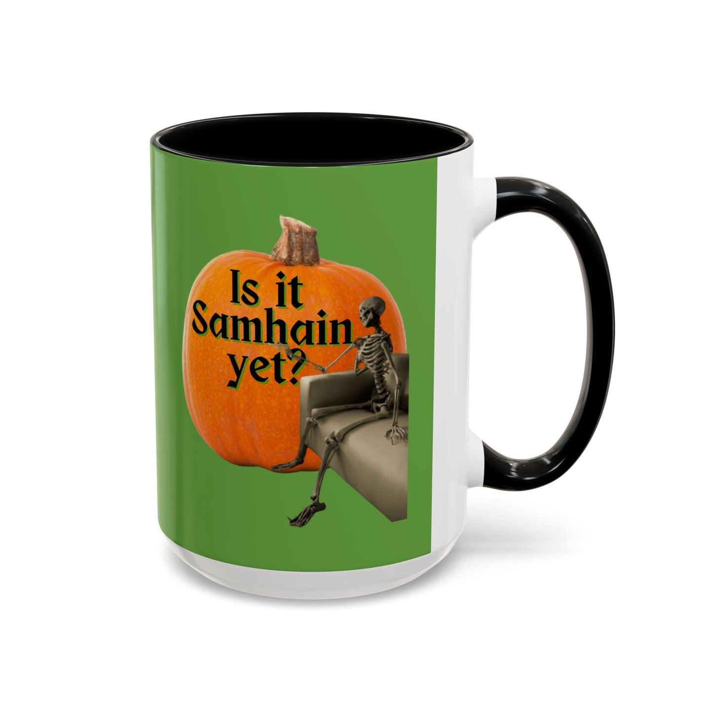 Is It Samhain Yet? Skeleton's Giant Pumpkin Green Accent Mug by CreepyCrafts.boo
